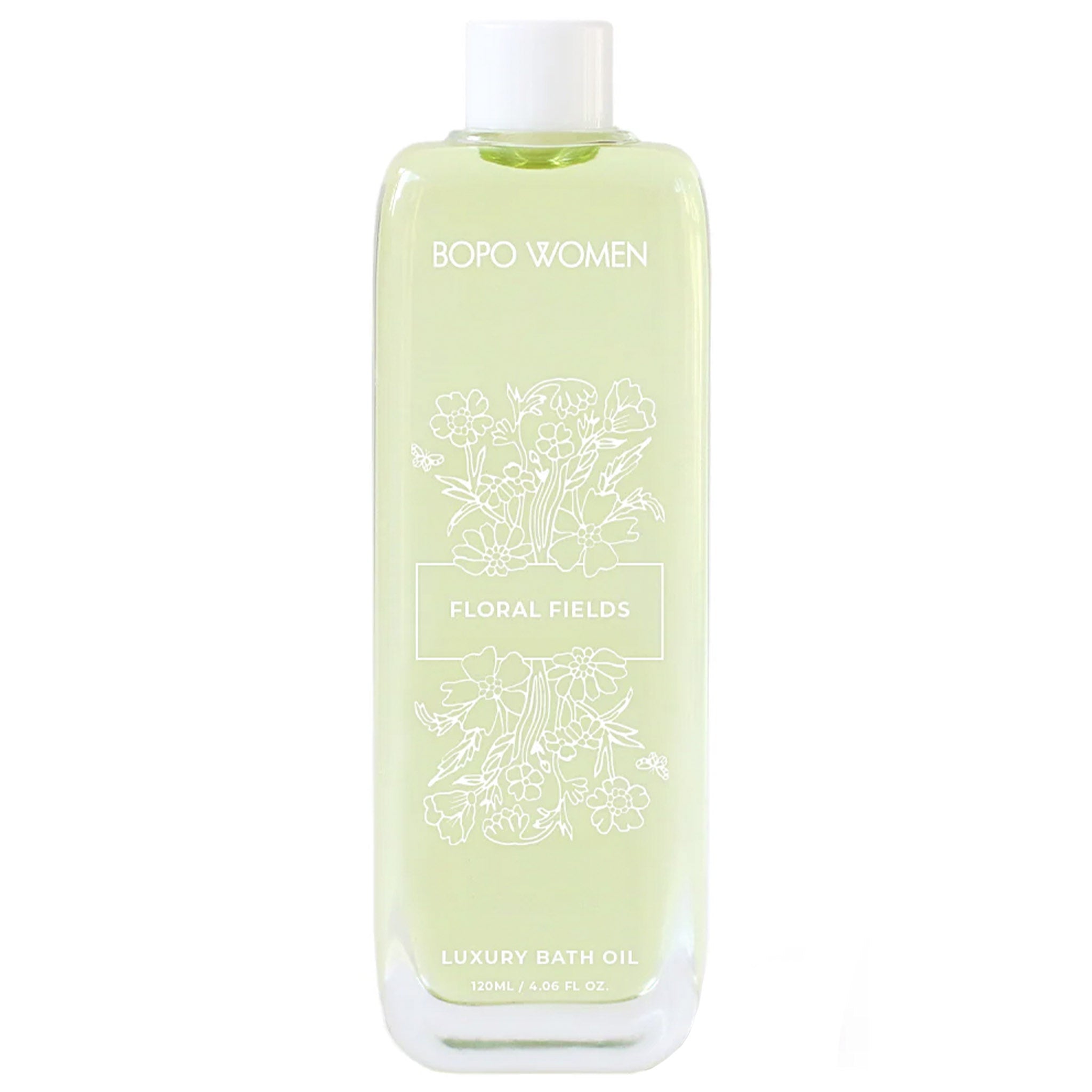 Boro Women Floral Fields luxury bath oil bottle on a white background