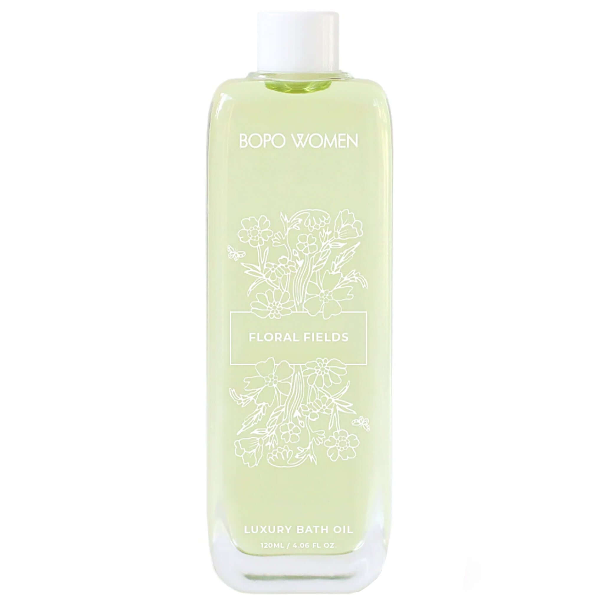 Boro Women Floral Fields luxury bath oil bottle on a white background