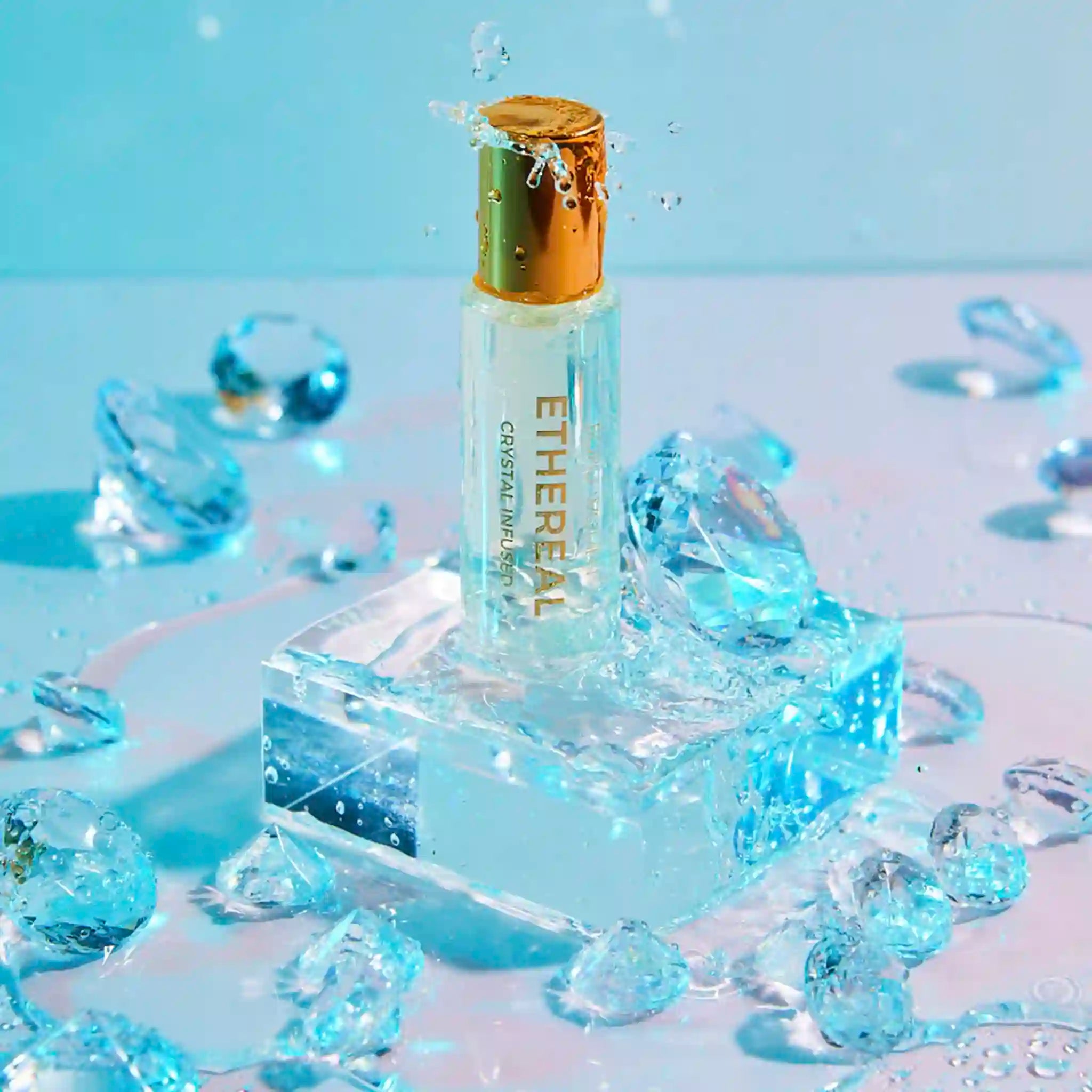 Ethereal rollerball on a crystal block with blue gemstones