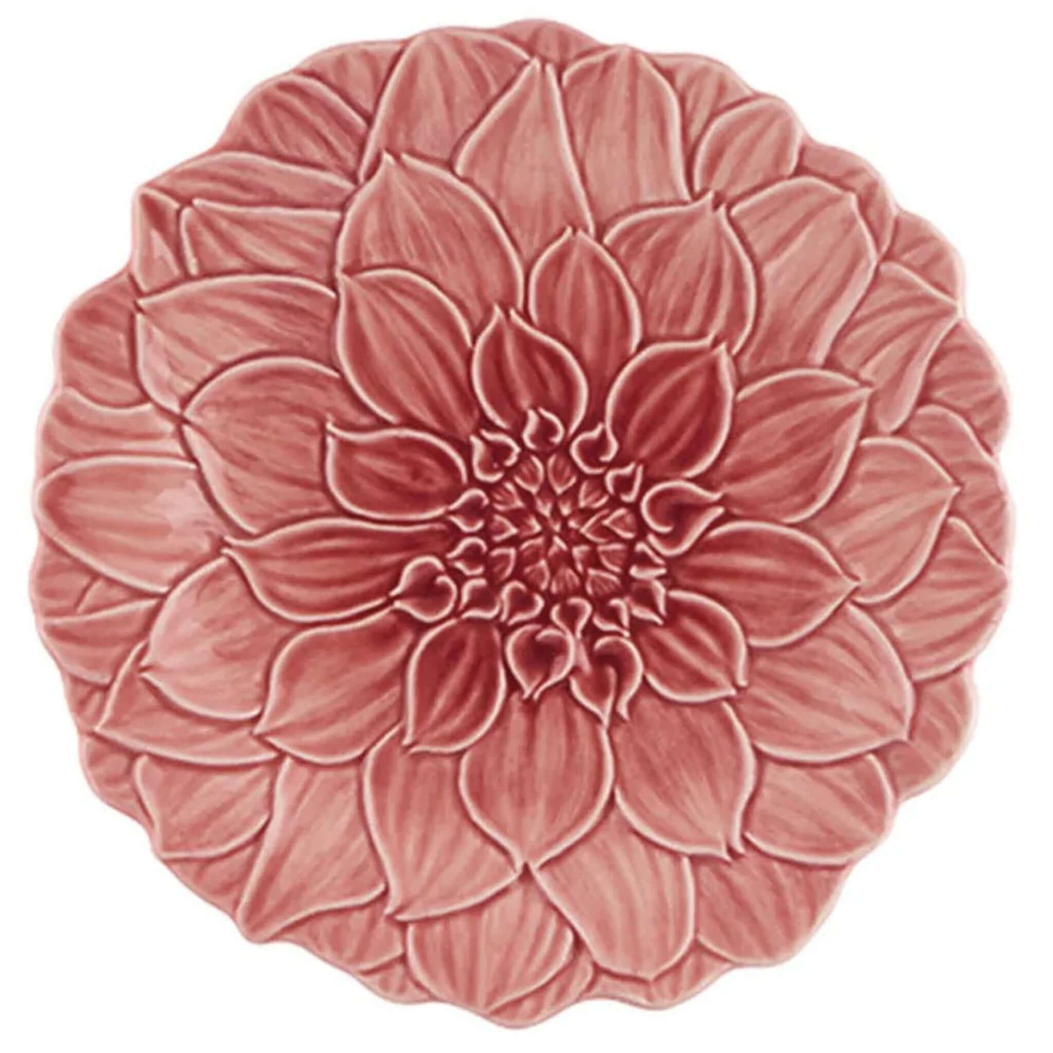 Alt Tag: Bordallo Pinheiro Maria Flor Ceramic Dessert Plate 22cm - Dahlia pink dahlia flower embossed ceramic dessert plate, handcrafted spring tableware