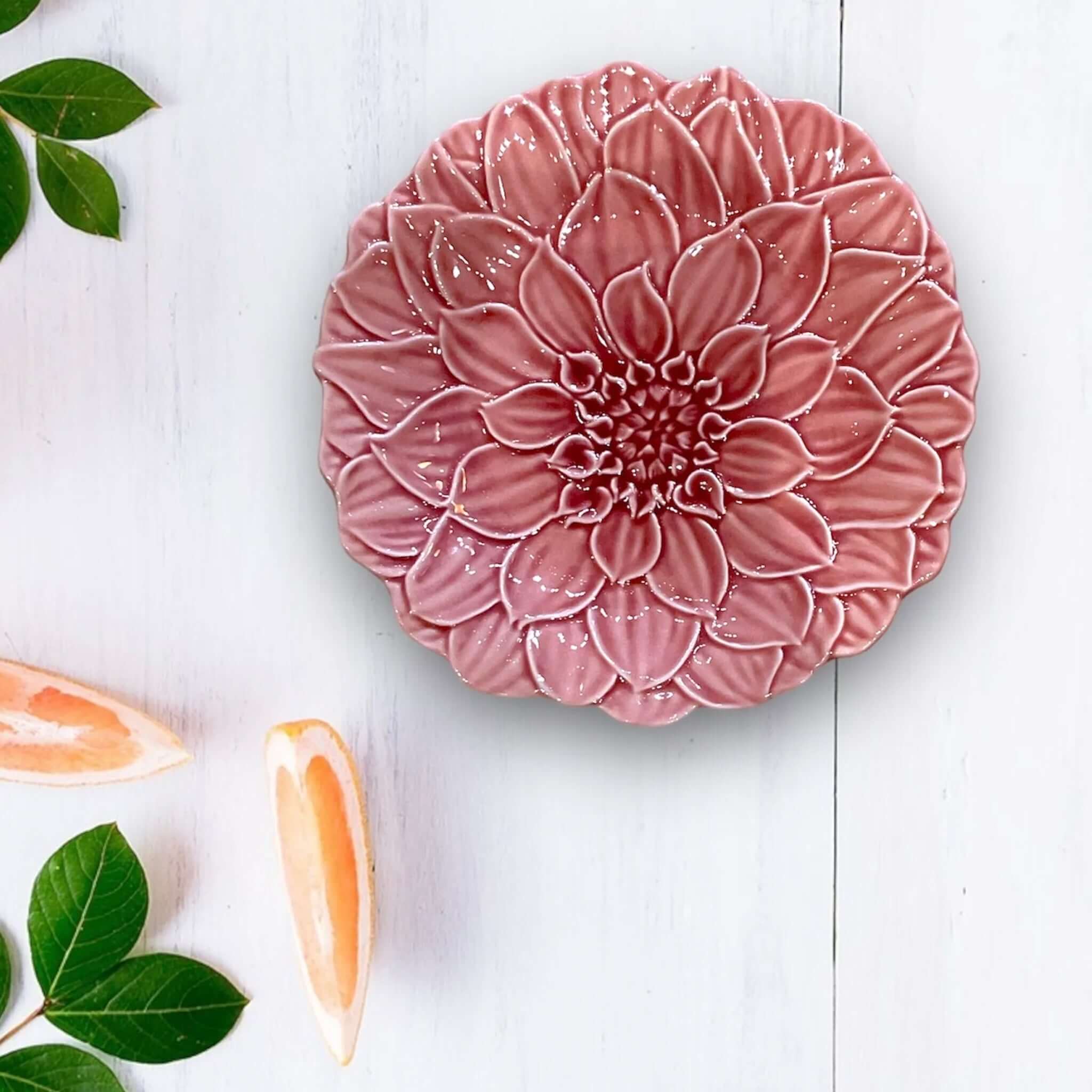 Alt Tag: Bordallo Pinheiro Maria Flor Ceramic Dessert Plate 22cm - Dahlia pink dahlia flower ceramic dessert plate, handcrafted floral design