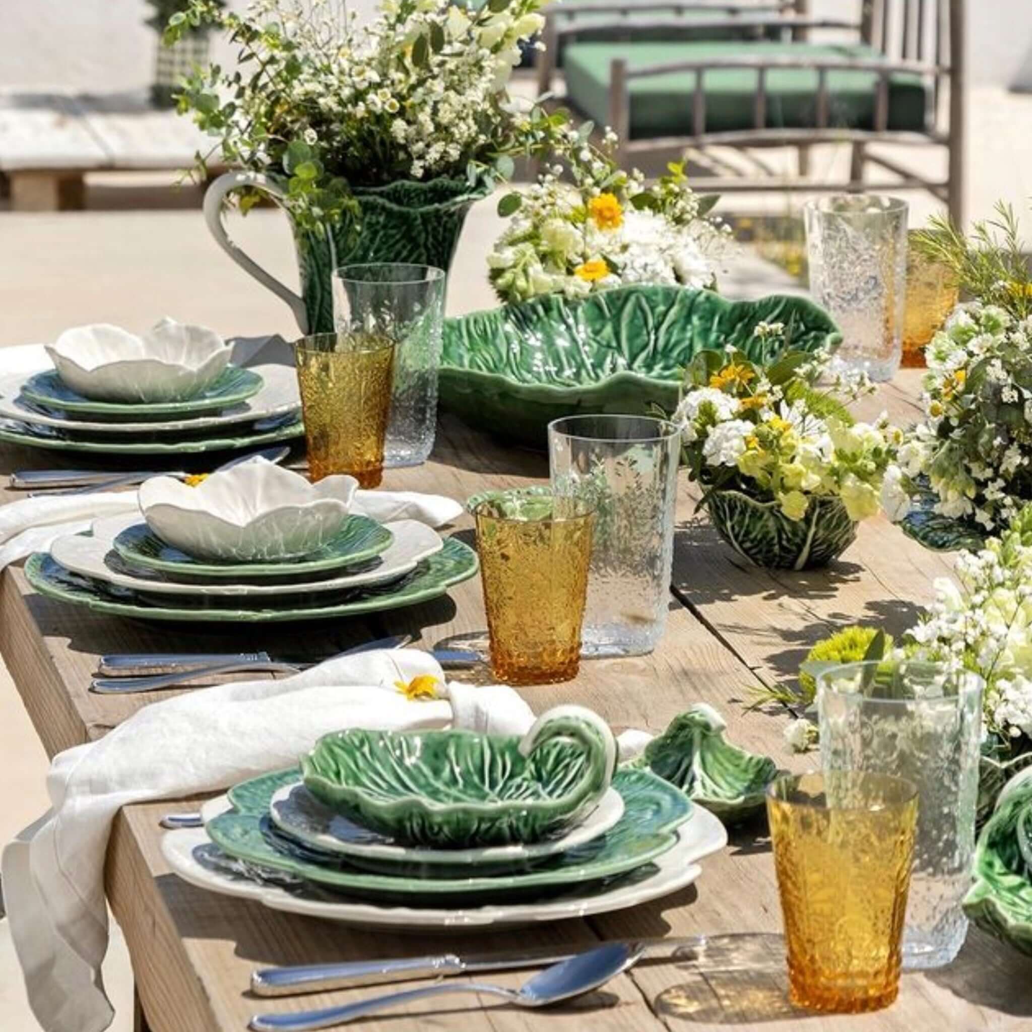 Alt Tag: Bordallo Pinheiro Maria Flor Ceramic Dessert Plate 22cm - Daisy styled on outdoor spring table setting with floral décor