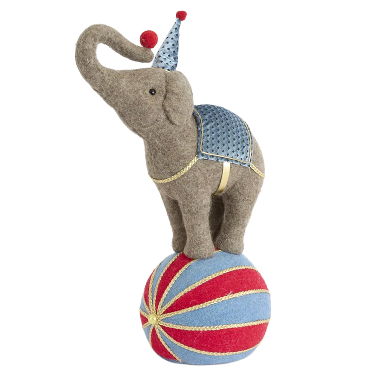 Carnival Balancing Elephant on a Ball - 46cm, grey elephant on a red and blue striped ball
