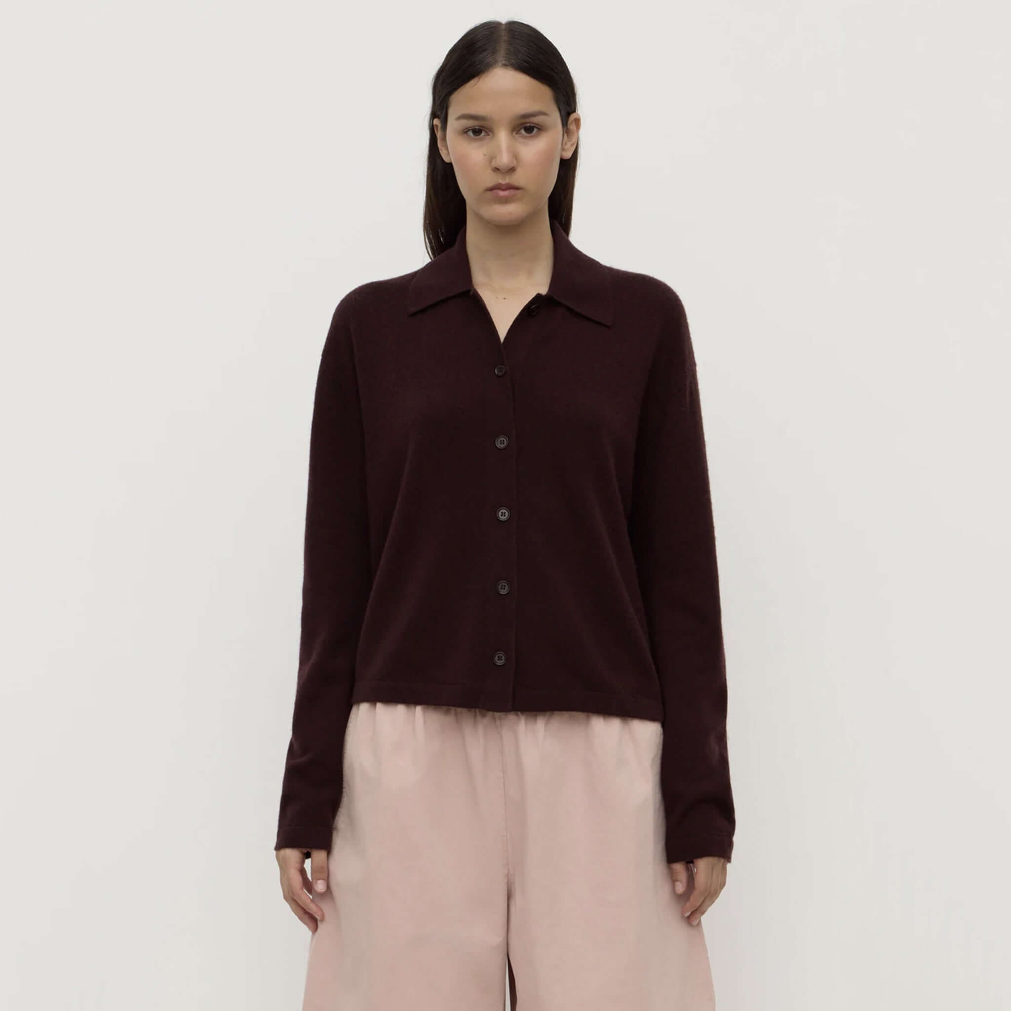 Alt Tag: Assembly Label Merino & Cashmere Knit Cardigan - Dark Merlot women’s button-up knit cardigan with relaxed collar and dropped shoulders