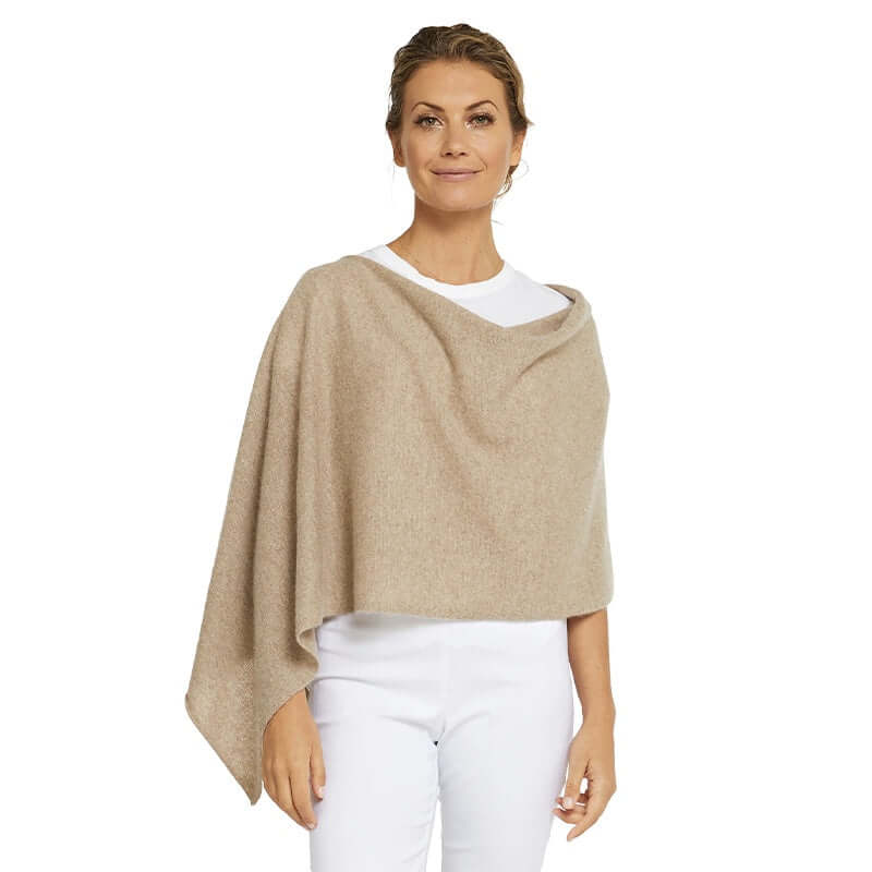 Esperance & Co Classic Cashmere Topper - Natural worn as a versatile cashmere wrap poncho layering piece, travel-ready office style