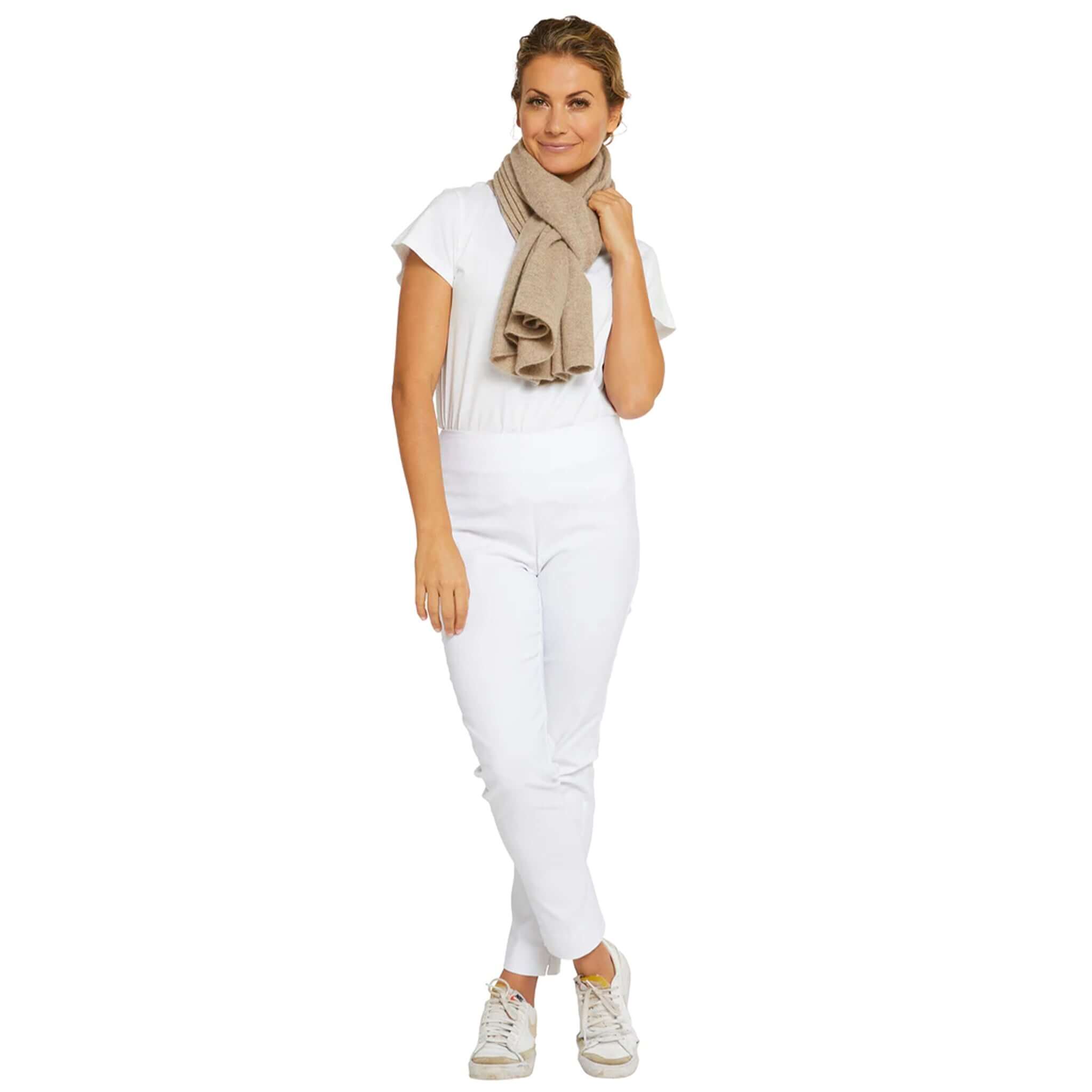 Alt Tag: Esperance & Co Classic Cashmere Topper - Natural worn as a scarf by woman, versatile pure cashmere layering travel accessory