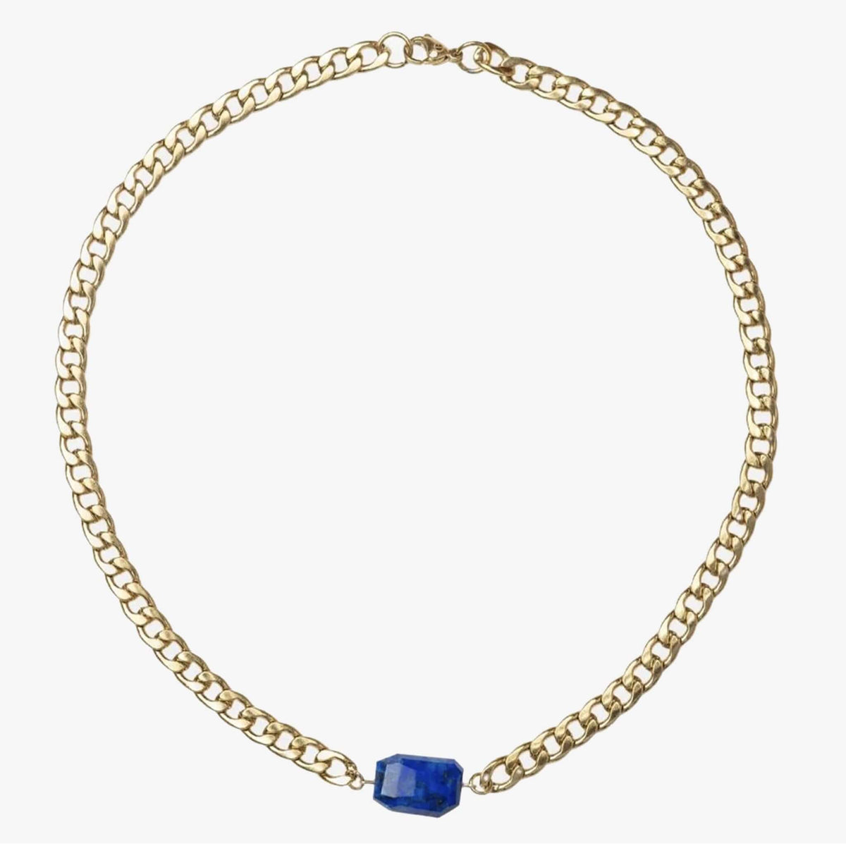 Cathy Pope Chunkette Gold Necklace - Lapis Lazuli featuring a gold chain and natural lapis gemstone.