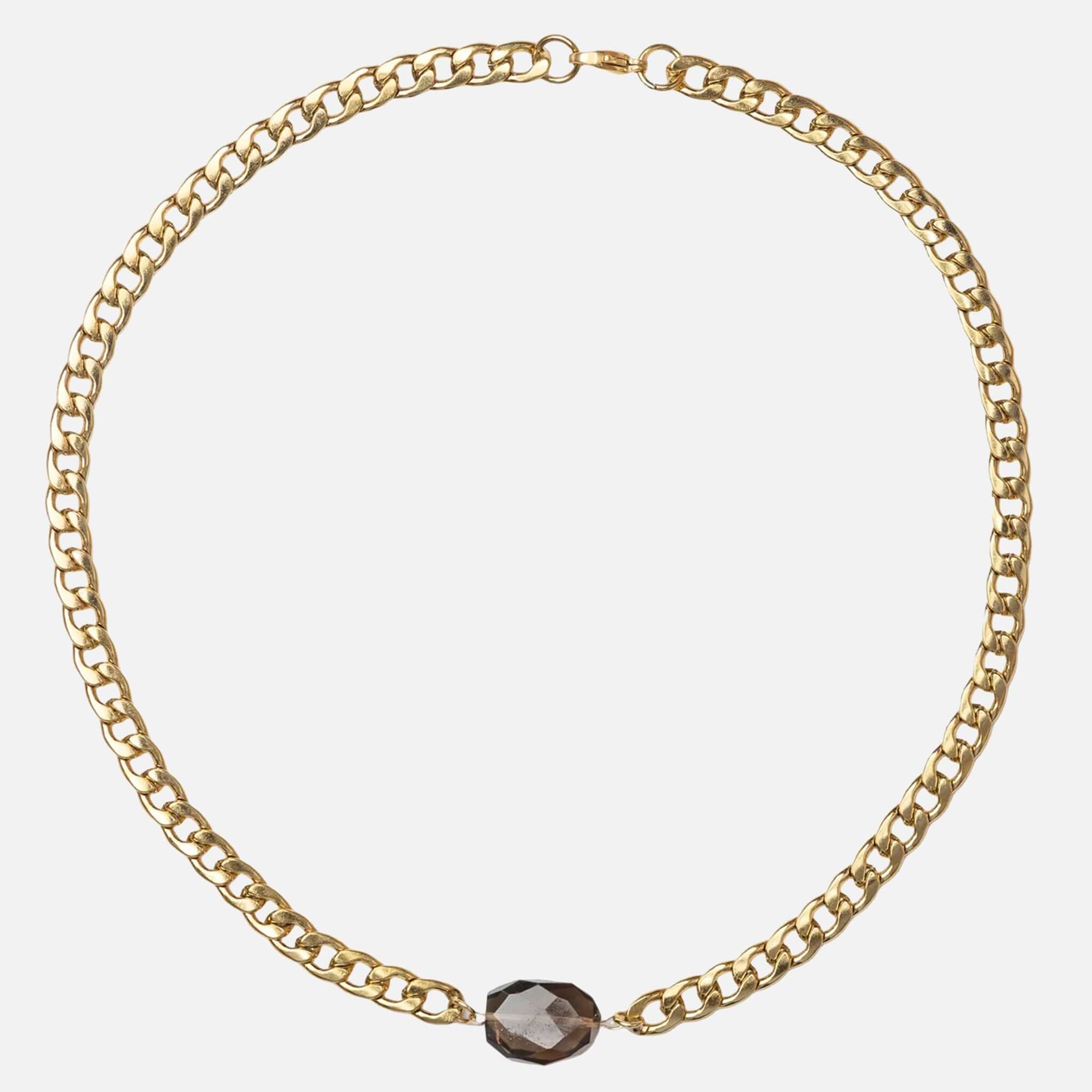 Cathy Pope Chunkette Gold Necklace - Smokey Quartz featuring a bold 6mm curb chain and tumbled smokey quartz stone.