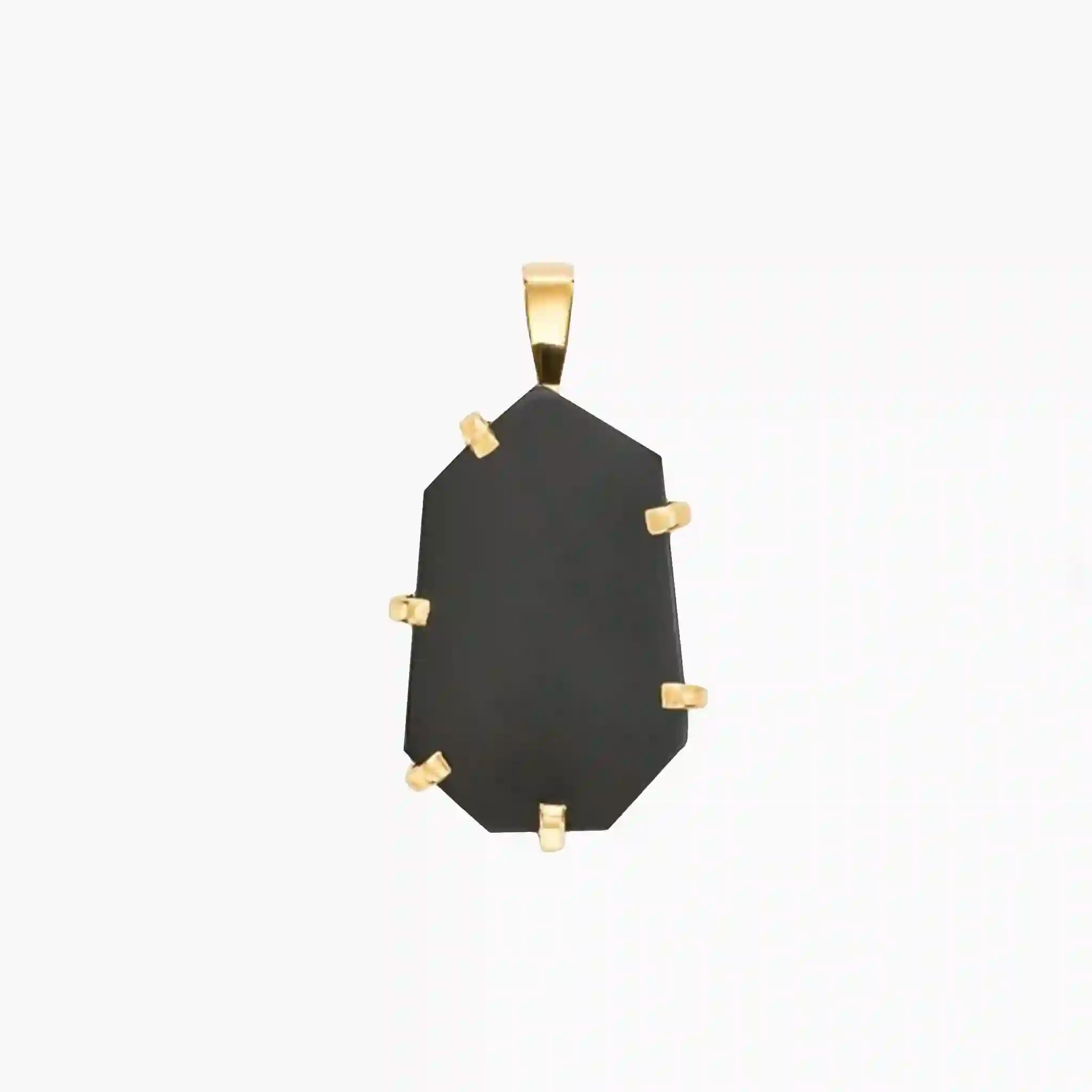 Black pendant with gold accents on a white background