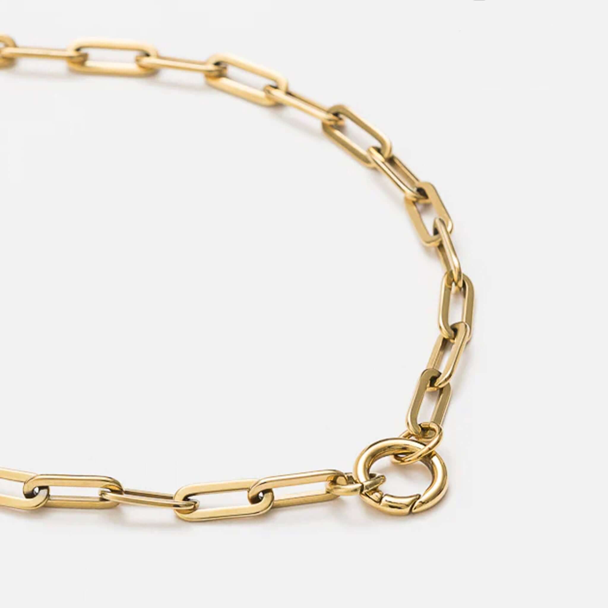 Cathy Pope Round Clasp - Gold shown with gold chain links and spring clasp opening, perfect for charms and pendant connection.