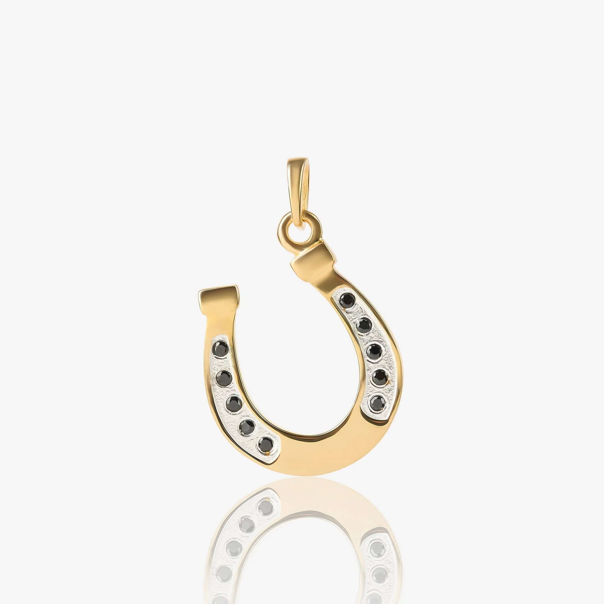 Alt Tag: Cathy Pope Wild & True Amulet - Gold Plated horseshoe pendant with black spinel accents, double-sided modern talisman necklace charm