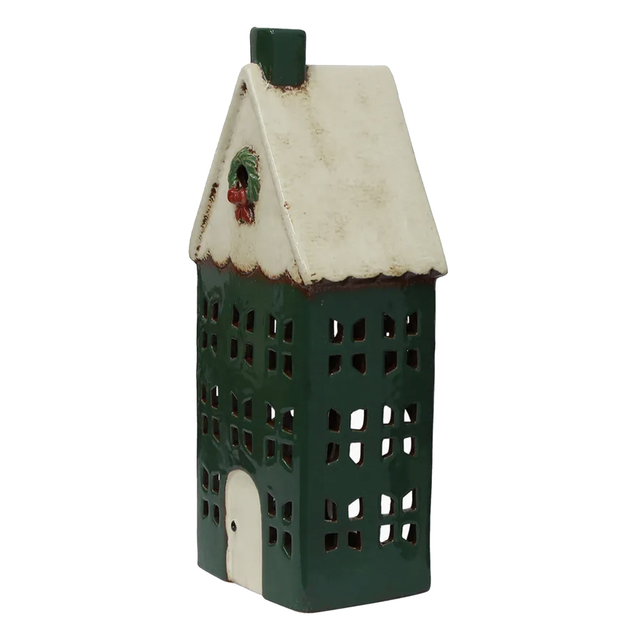 Decorative house-shaped lantern with a green base and white roof on a white background