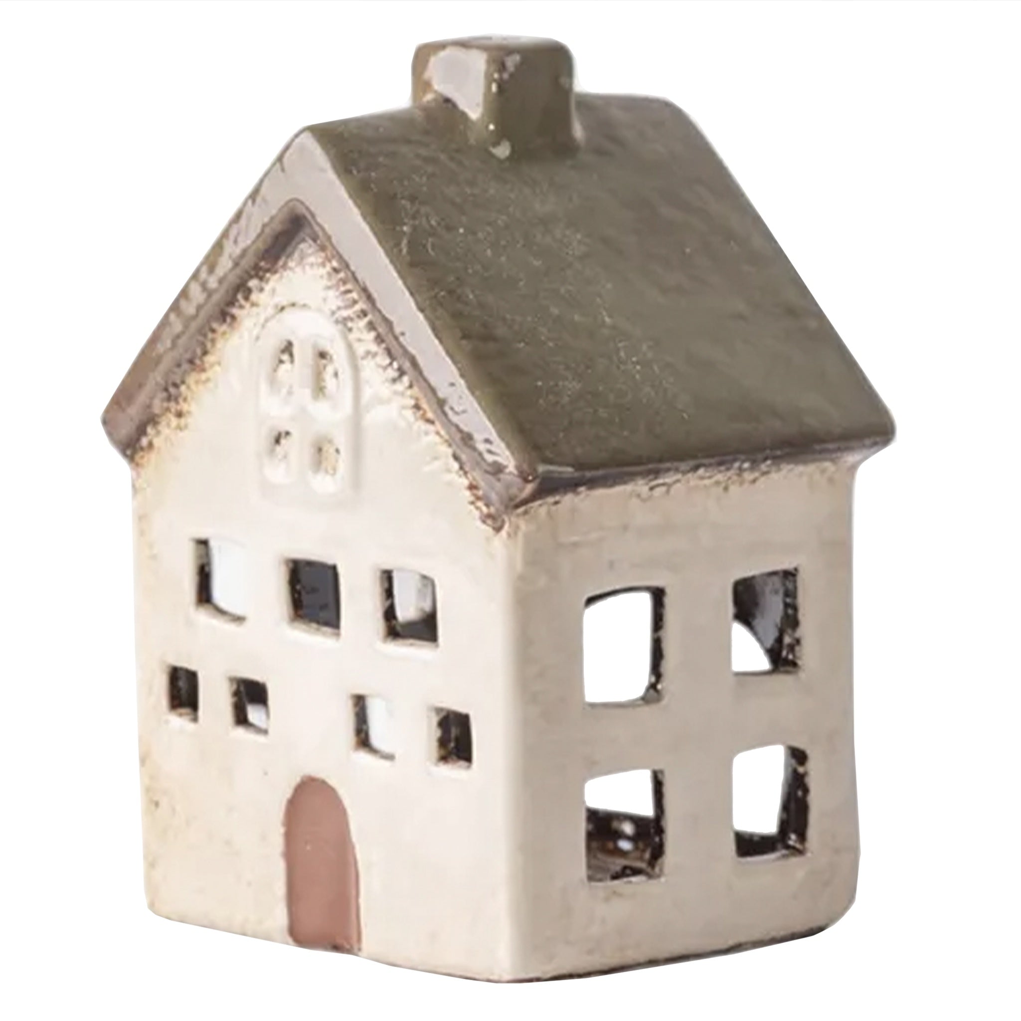 Ceramic house-shaped lantern with a textured surface on a white background