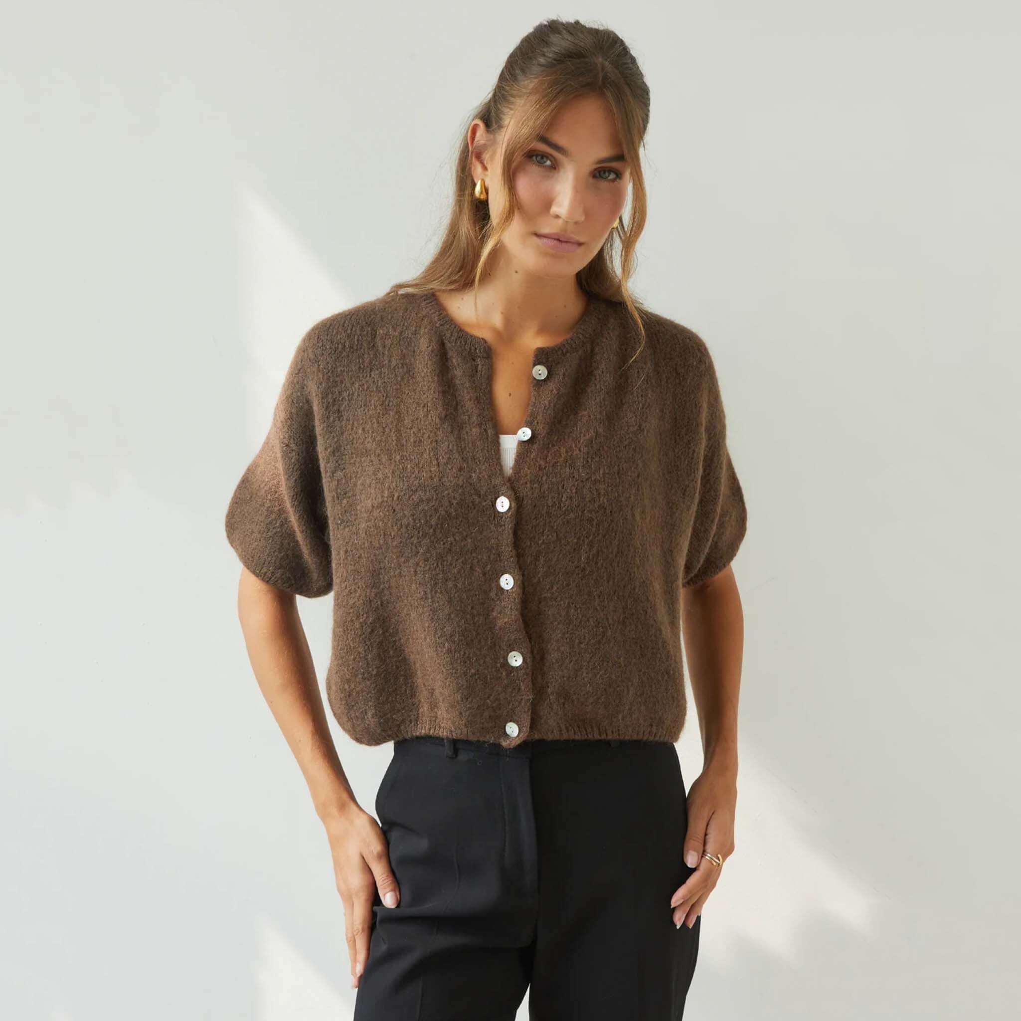 Charli Emme Mohair & Wool Blend Cardigan - Espresso, soft cropped knit cardigan with pearl buttons.