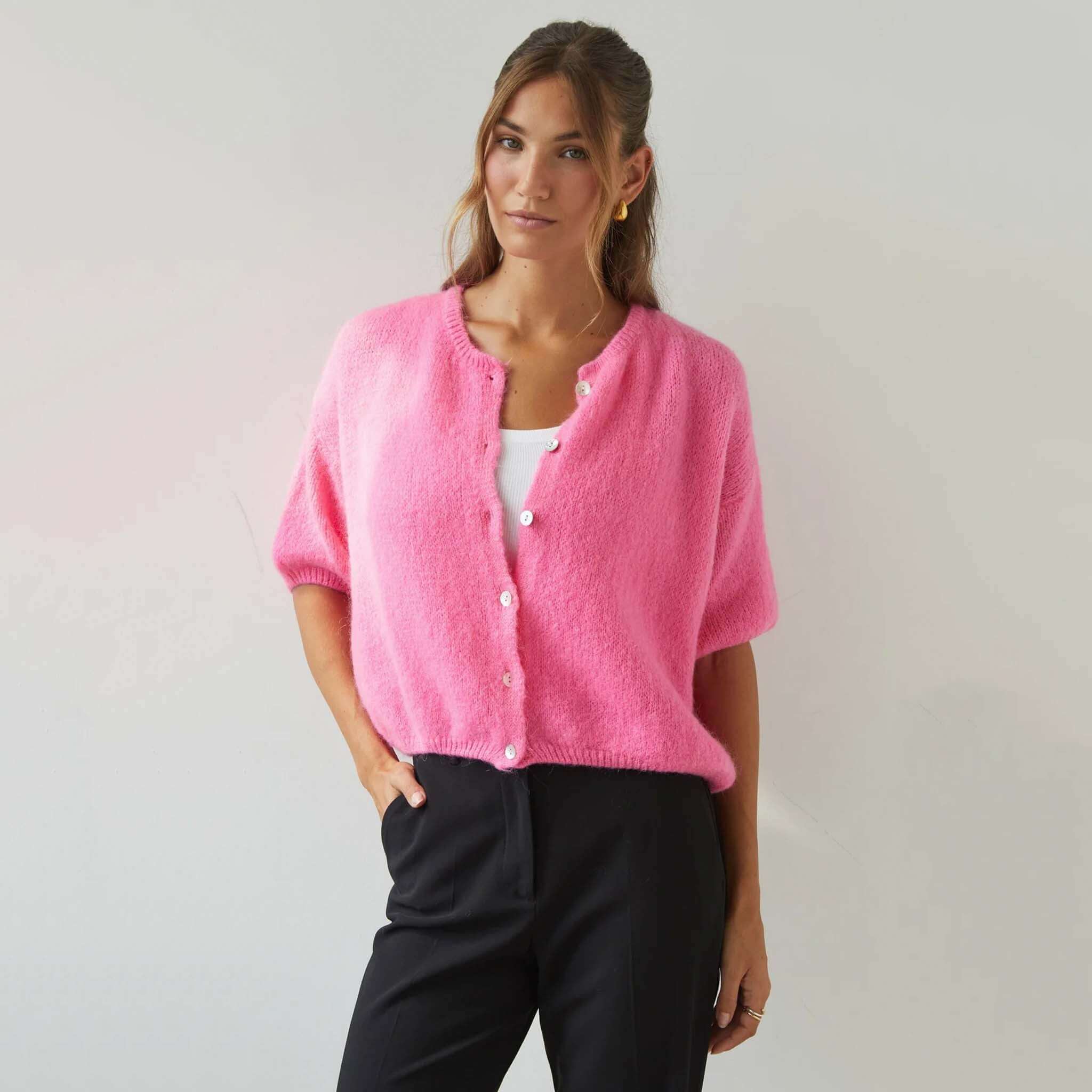 Charli Emme Mohair & Wool Blend Cardigan - Petunia, cropped pink cardigan with pearl buttons and short sleeves.