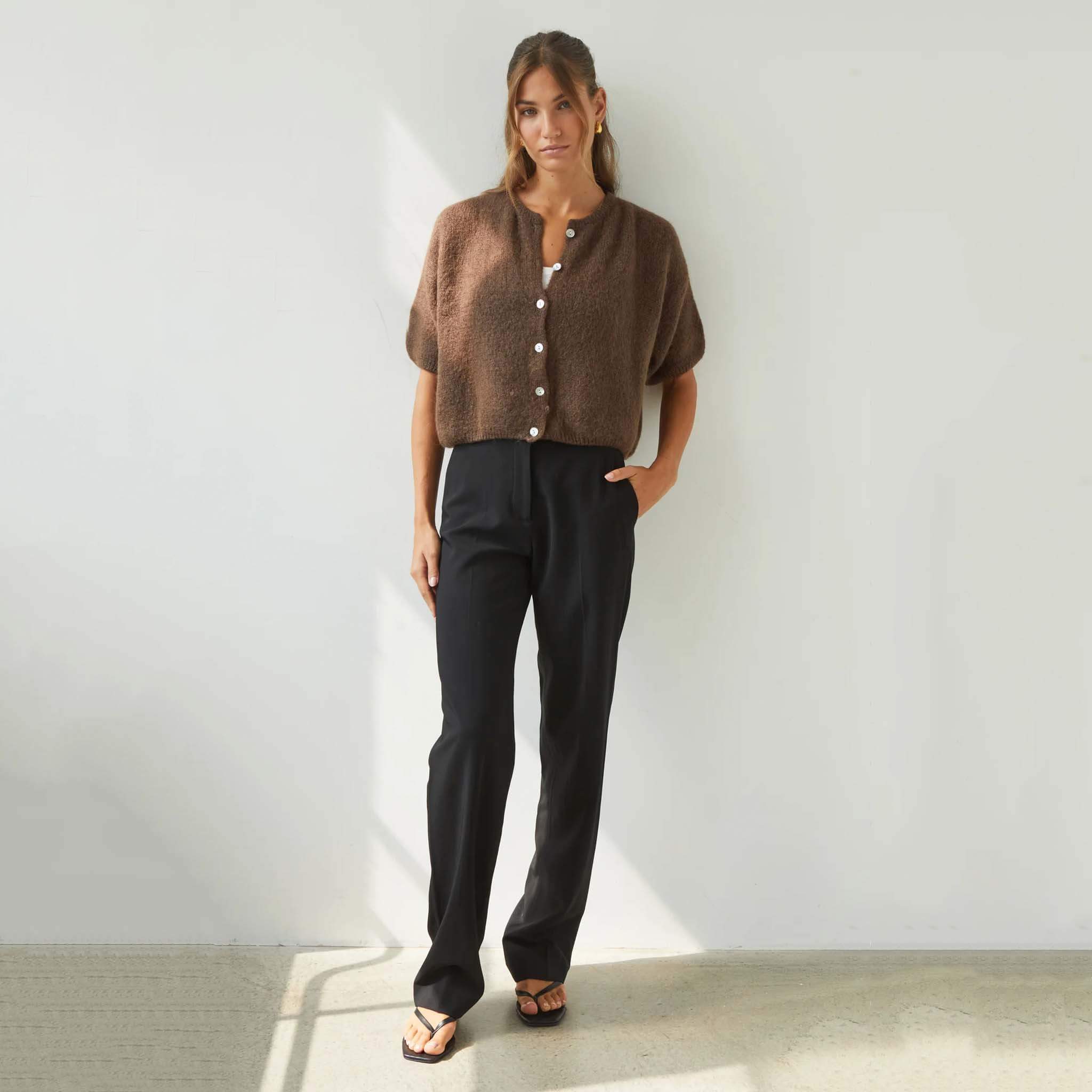 Charli Emme Mohair & Wool Blend Cardigan - Espresso styled with black pants, featuring a soft knit and pearl buttons.