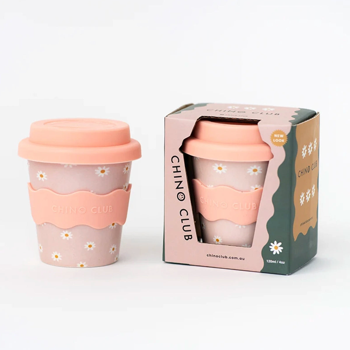 Chino Club Bamboo 4oz Babychino Cup - Pink Daisy, cup beside its green and pink retail box