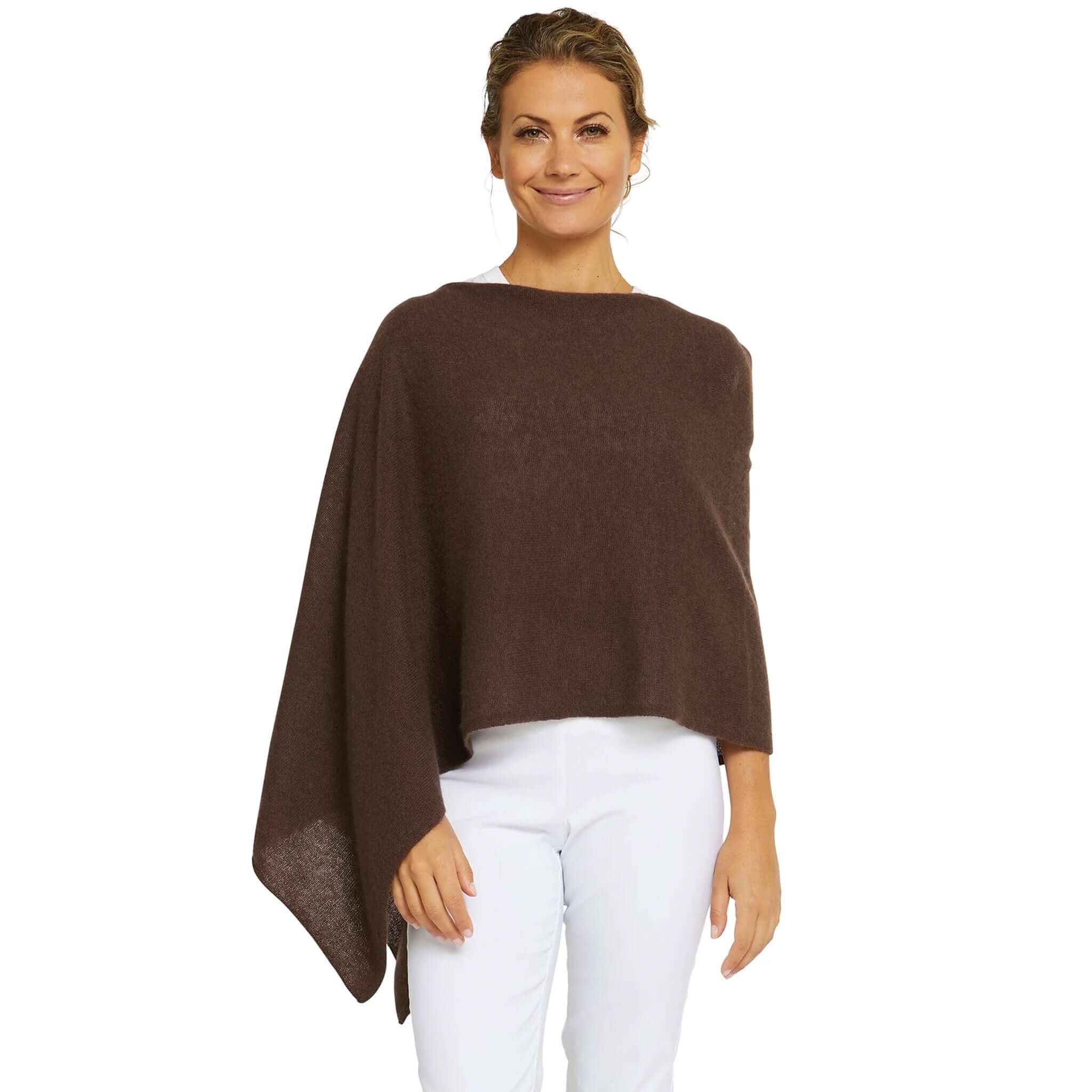 Alt Tag: Esperance & Co Classic Cashmere Topper - Mocha worn as elegant layering poncho wrap, soft pure cashmere travel and office staple
