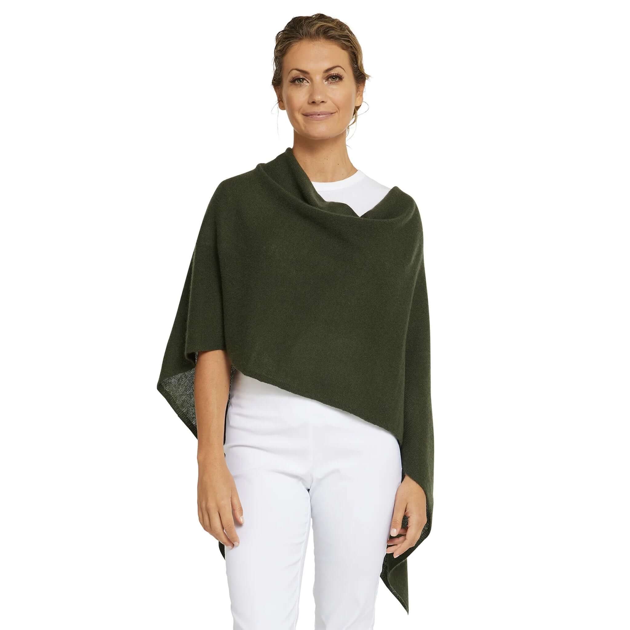 Alt Tag: Esperance & Co Classic Cashmere Topper - Olive worn as draped poncho wrap, pure cashmere layering piece for travel and office