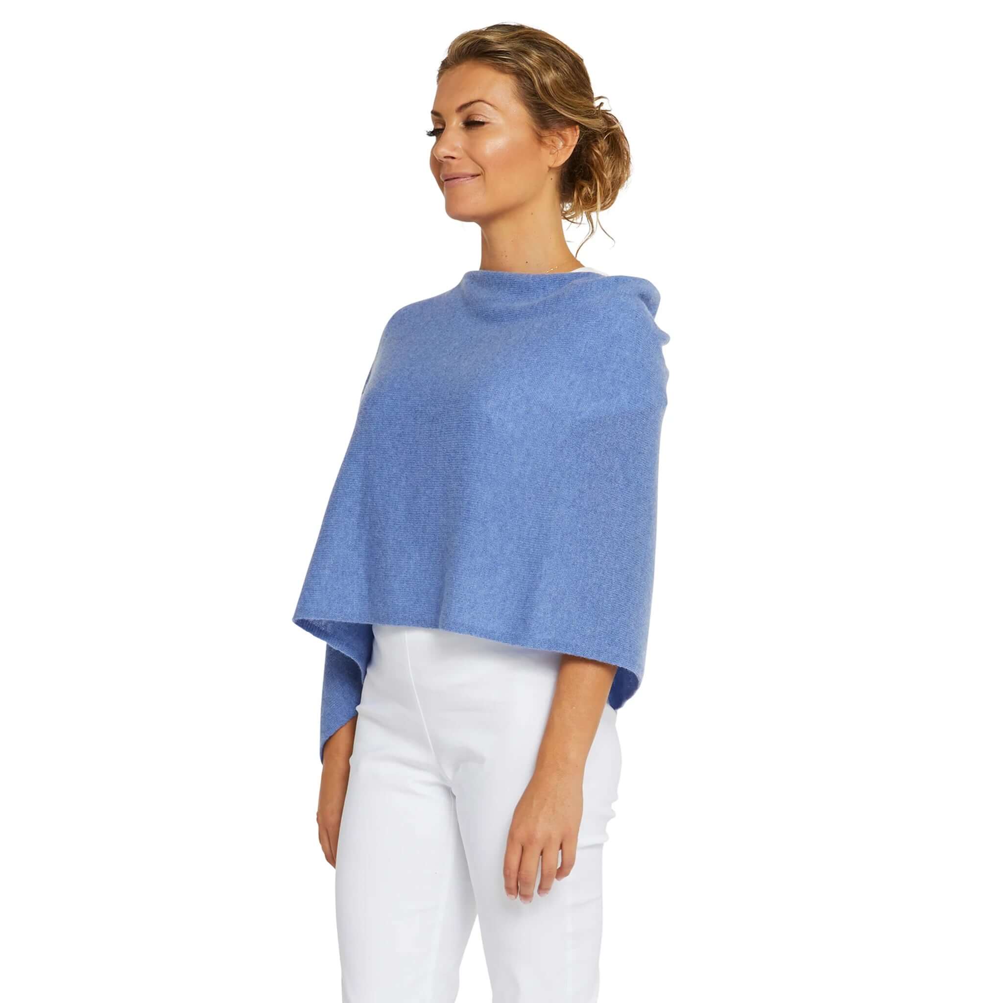 Alt Tag: Esperance & Co Classic Cashmere Topper - Cornflower Blue worn as a soft wrap cape, versatile 2-ply cashmere layering piece
