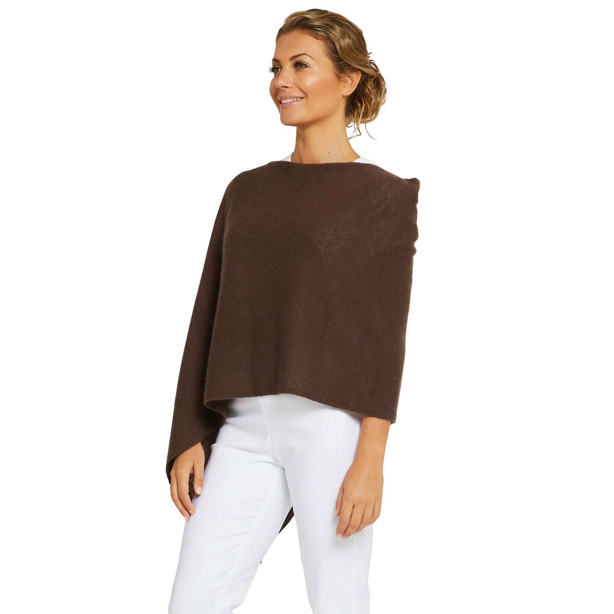 Esperance & Co Classic Cashmere Topper - Mocha worn as a chic poncho wrap, pure 2ply cashmere layering piece for office or travel