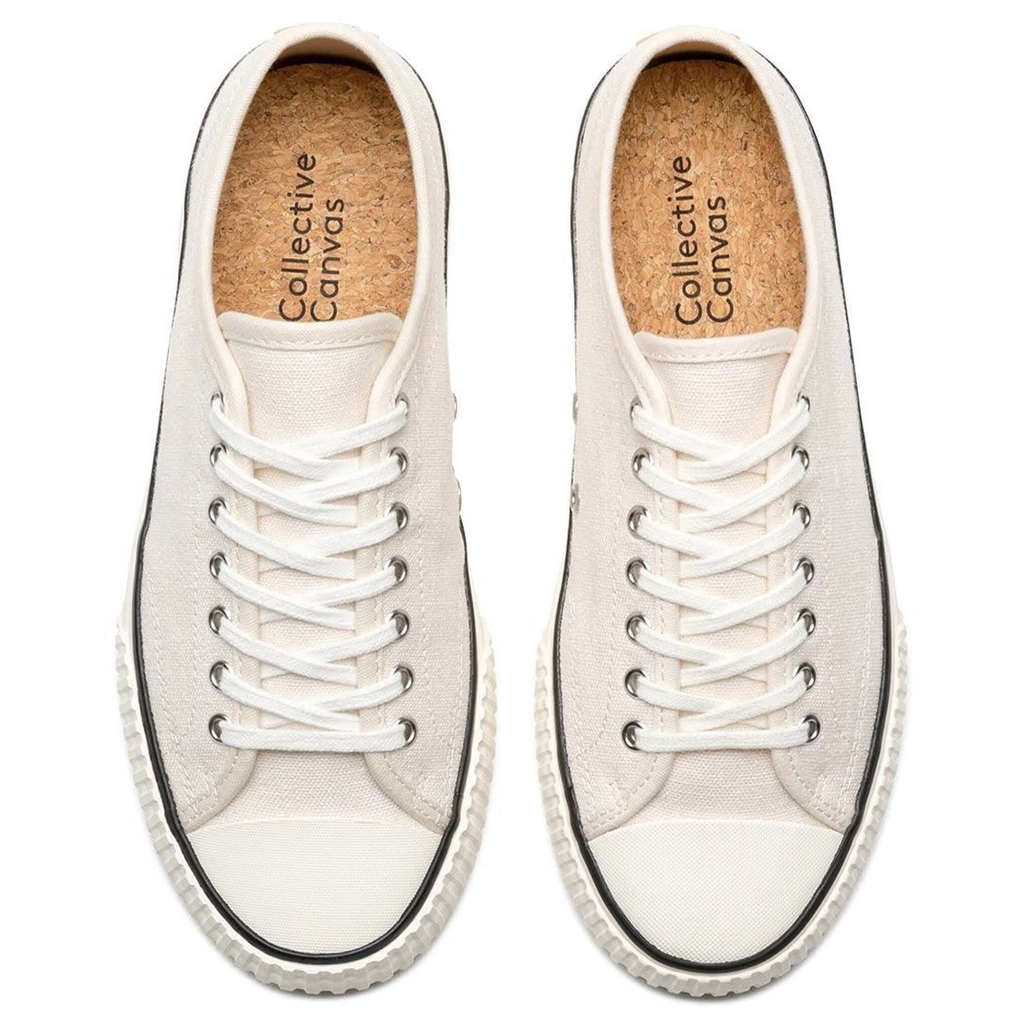 Alt Tag: Collective Canvas Straat Hemp Shoes - Natural & Black top view organic hemp canvas sneakers with white laces