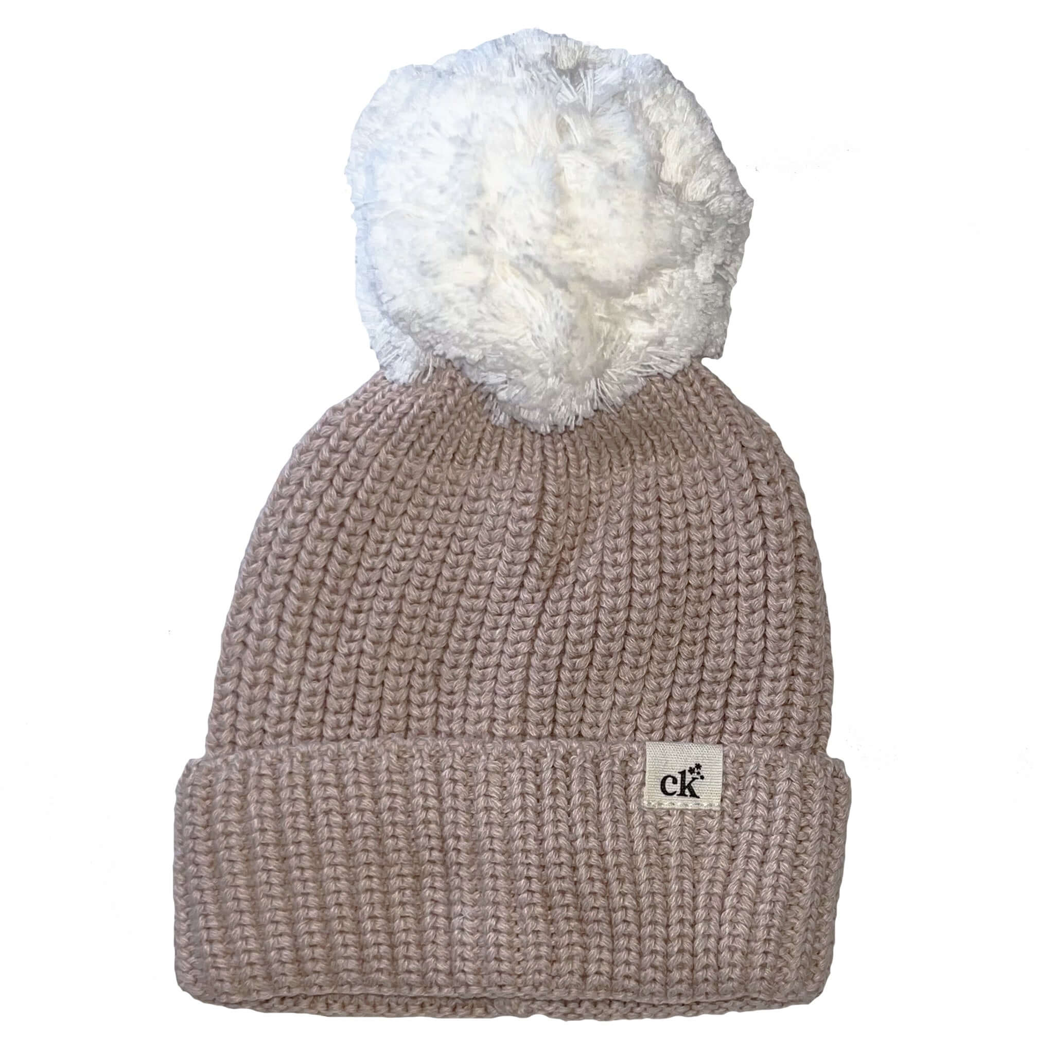 Confetti Kidz Baby Knit Beanie - Biscotti, soft and cozy beanie with fluffy pompom, perfect for little ones.
