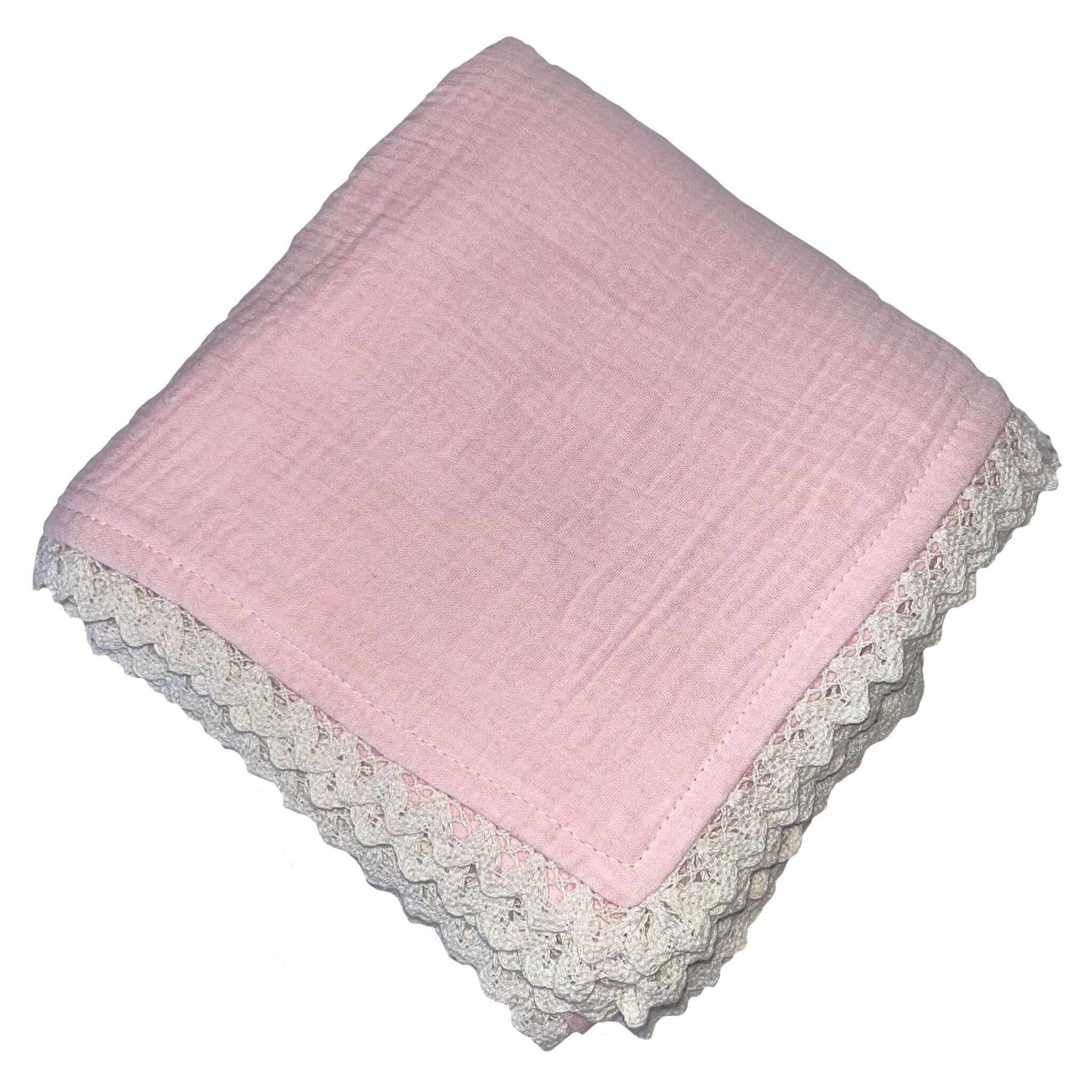 Confetti Kidz Classic Muslin Blanket - Soft Pink folded with lace detailing.