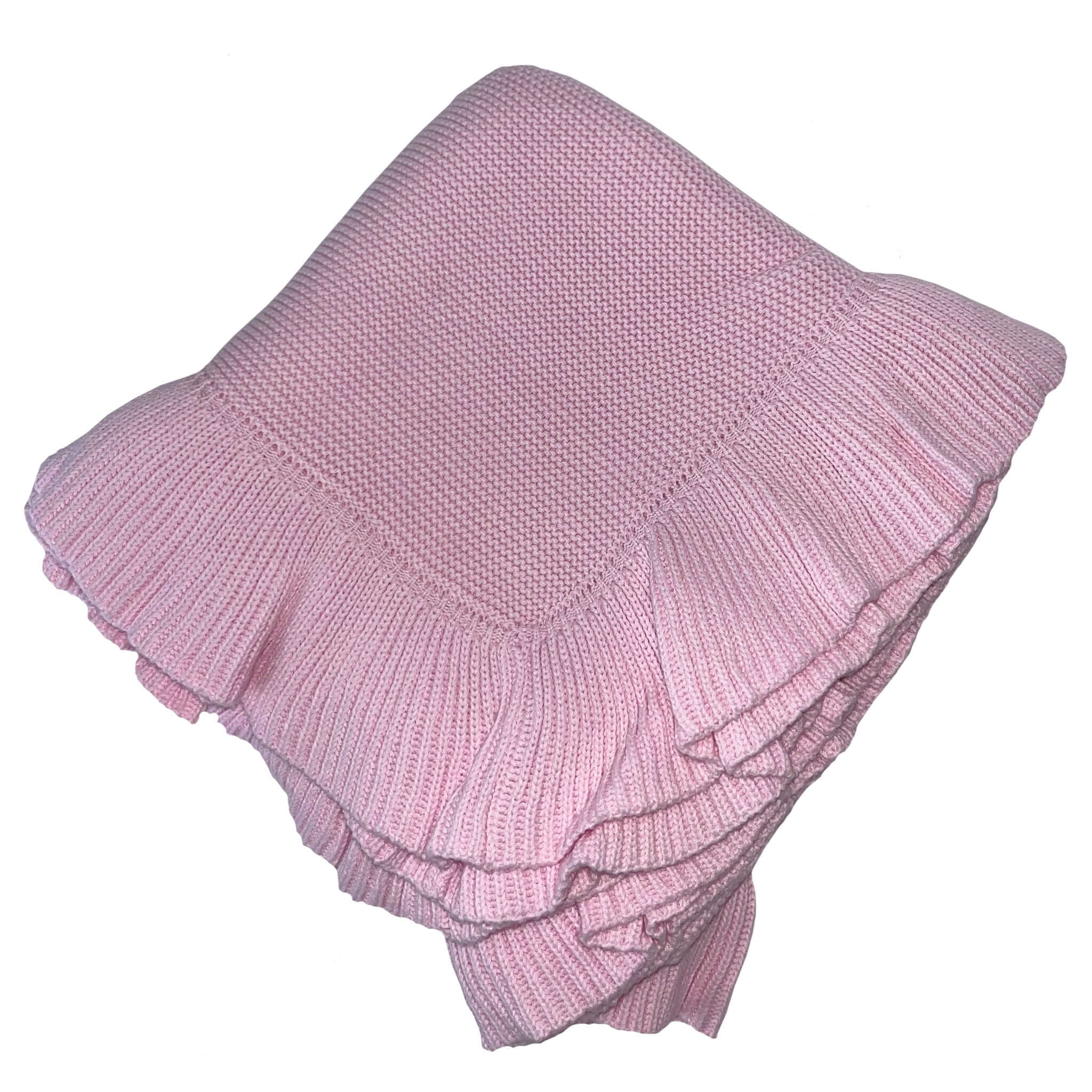 Confetti Kidz Frilly Knit Blanket - Soft Pink displayed with a delicate frilly trim, perfect for baby gifts.