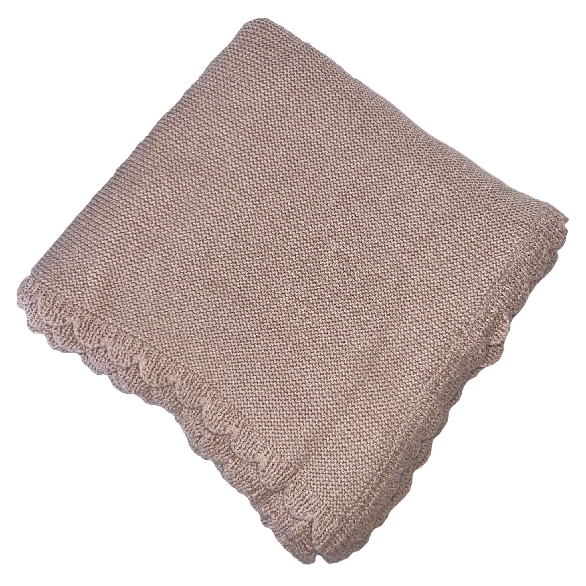 Confetti Kidz Heritage Knit Blanket - Biscotti folded with a scallop edge in a warm, neutral color, perfect for babies.