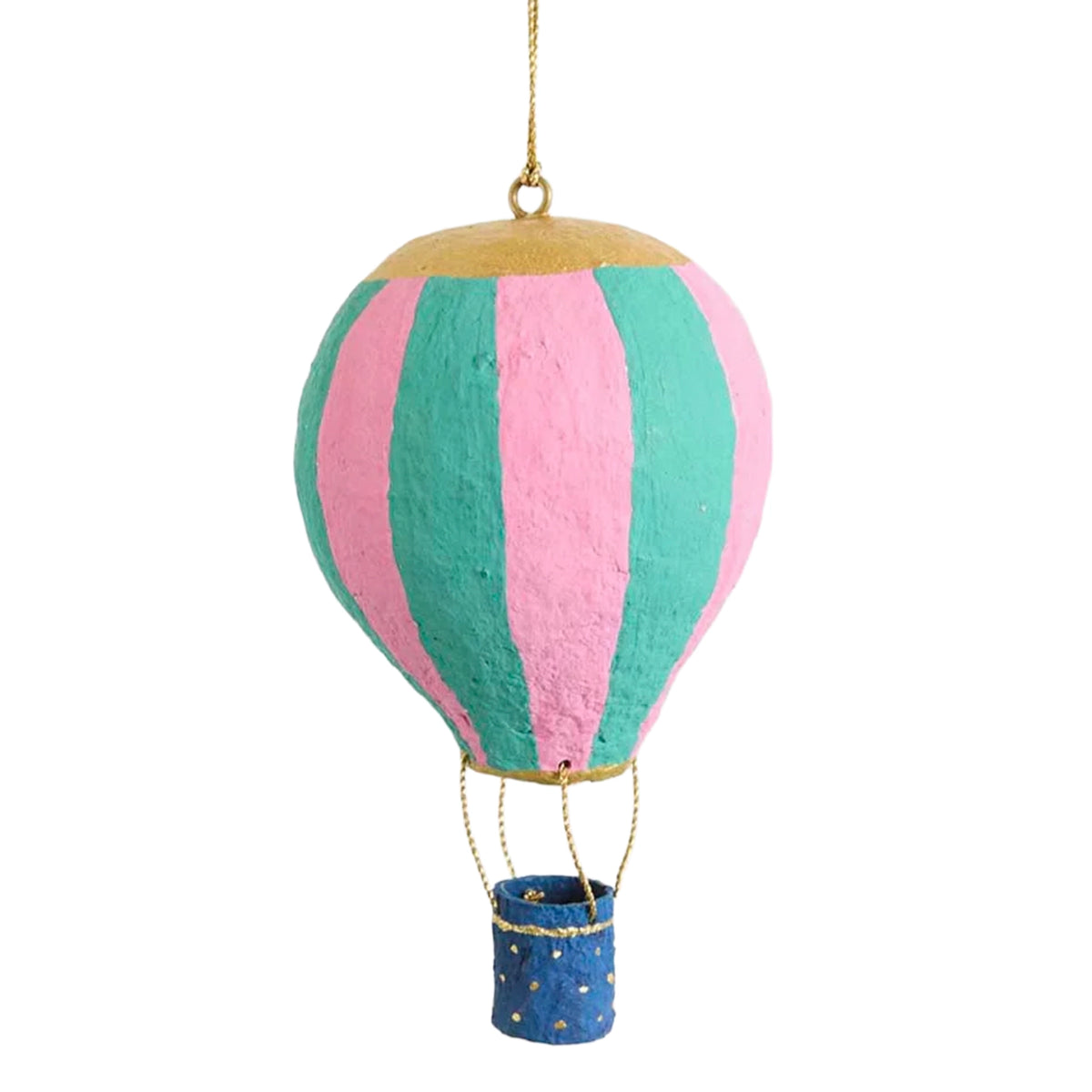 Cotton Mâché Hot Air Balloon Christmas Decoration - 10cm Teal Stripe, teal and pink striped balloon ornament with gold accents
