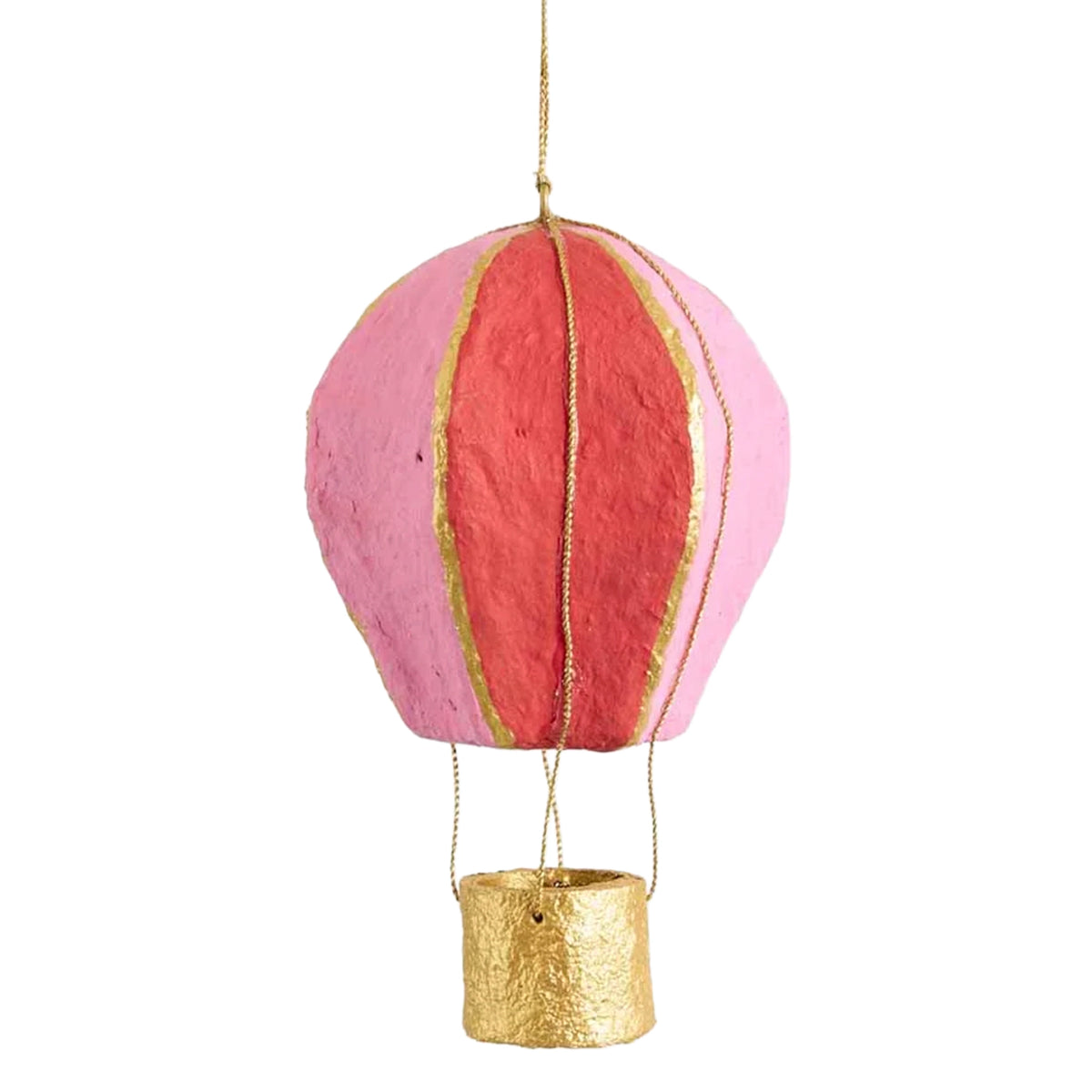 Cotton Mâché Hot Air Balloon Christmas Decoration - 14cm Pink Multi Stripe, pink and red striped balloon ornament with gold accents