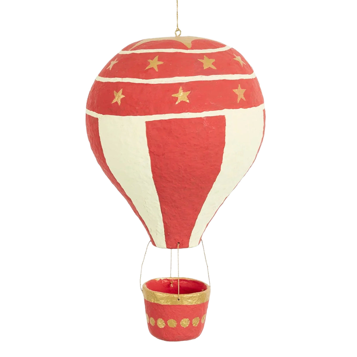Cotton Mâché Hot Air Balloon Christmas Decoration - 32cm Red, hand-painted red and cream balloon with gold stars