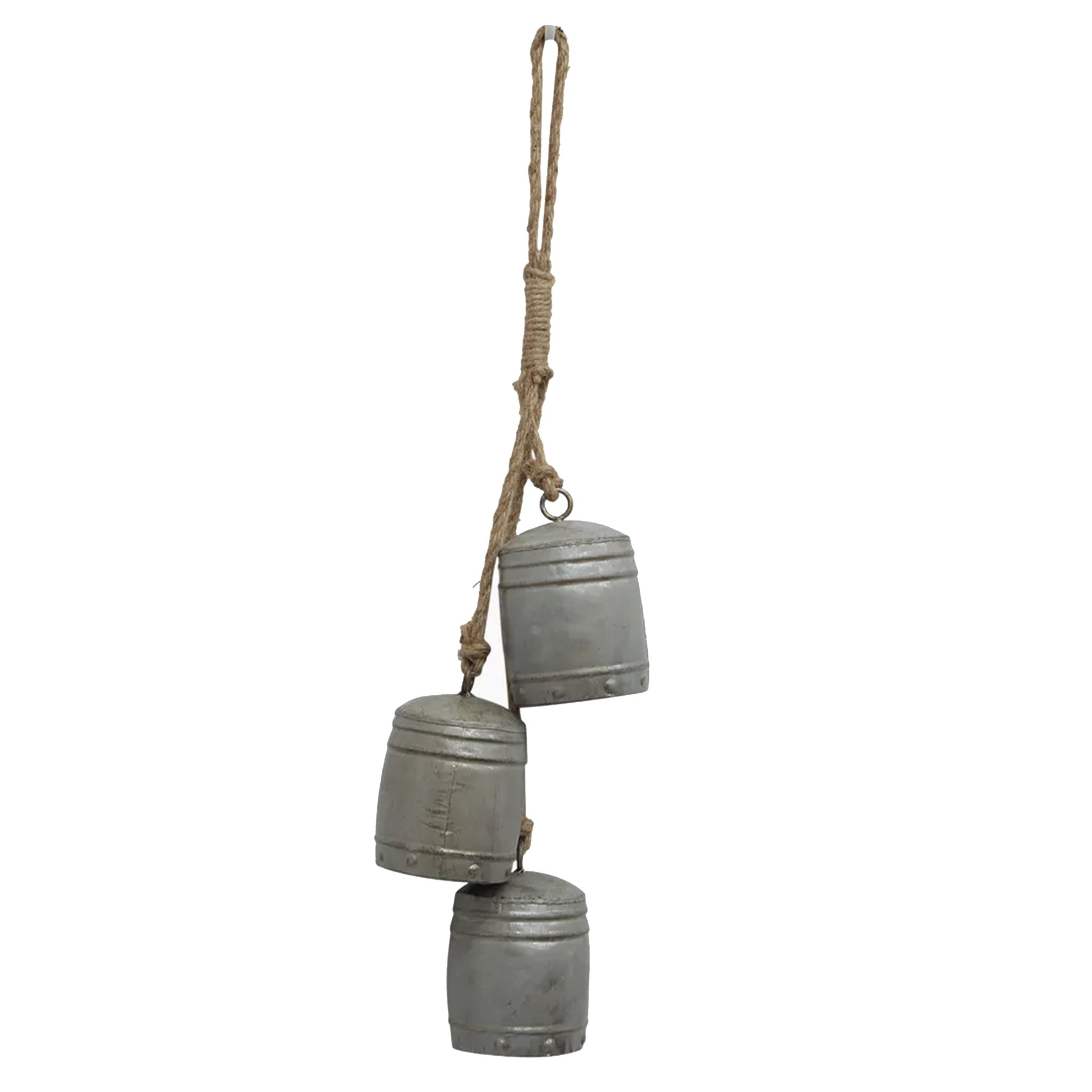 Decorative metal bell with rope on a white background