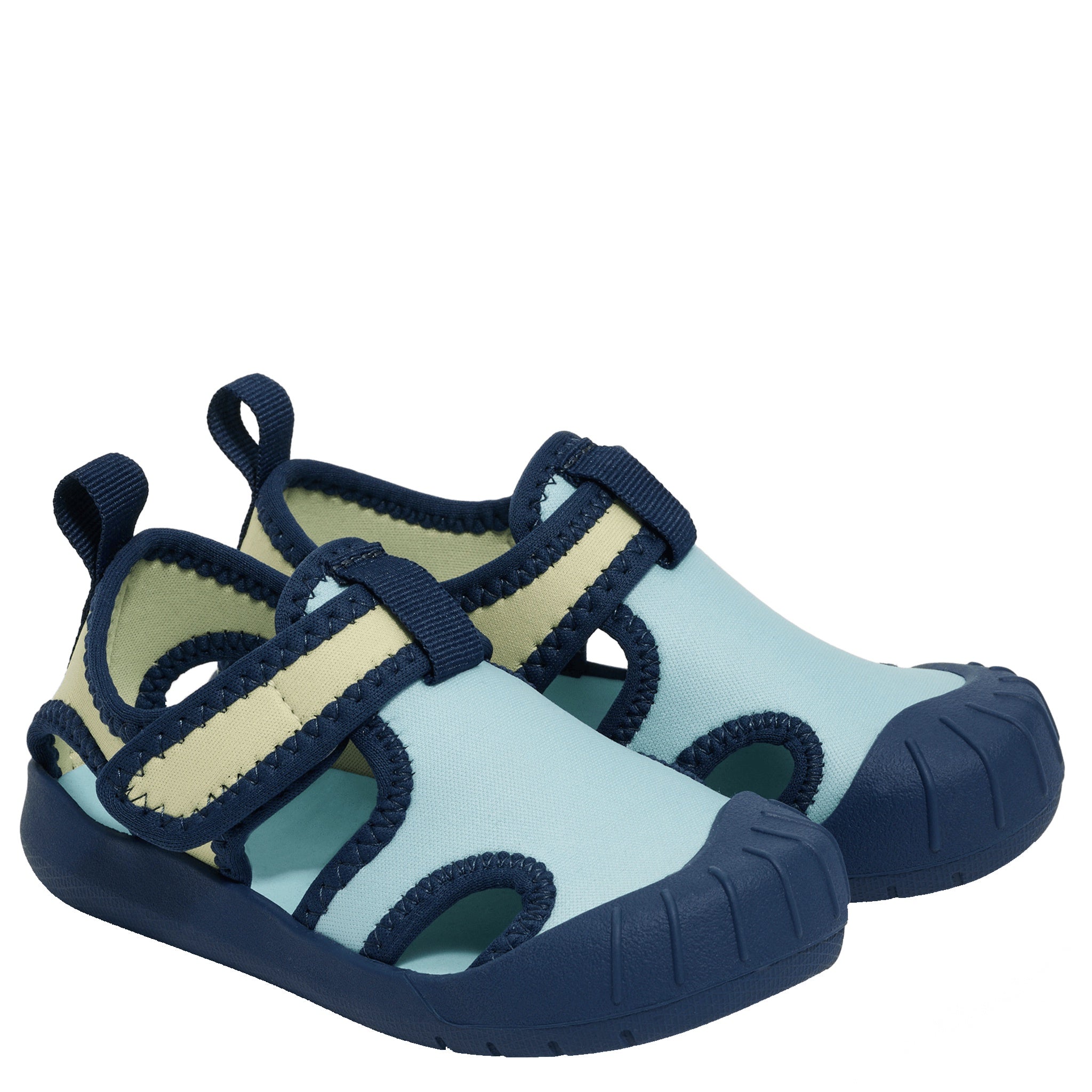 Children's blue and navy shoes with yellow accents on a light gray background