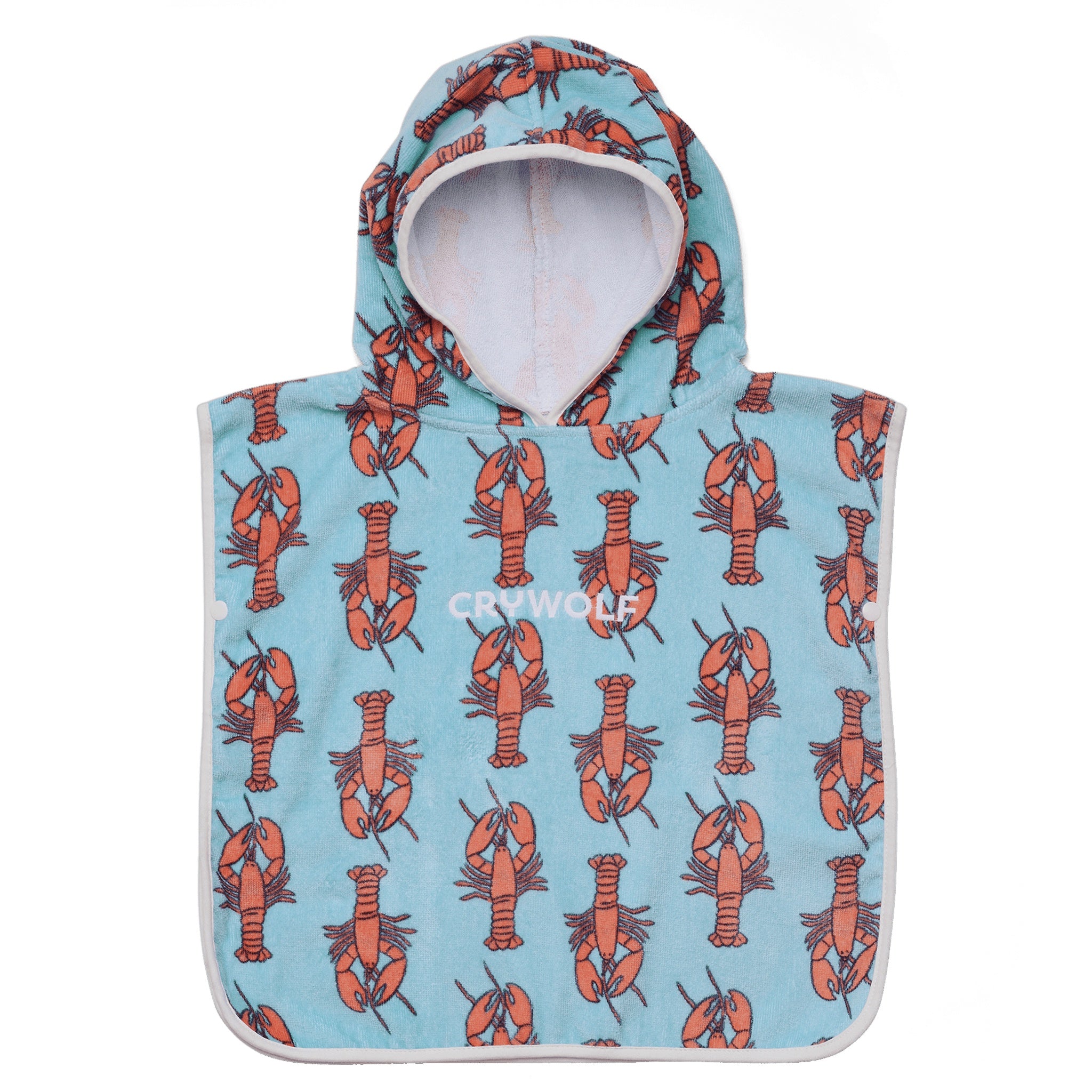 Hooded poncho with lobster pattern on a light blue background