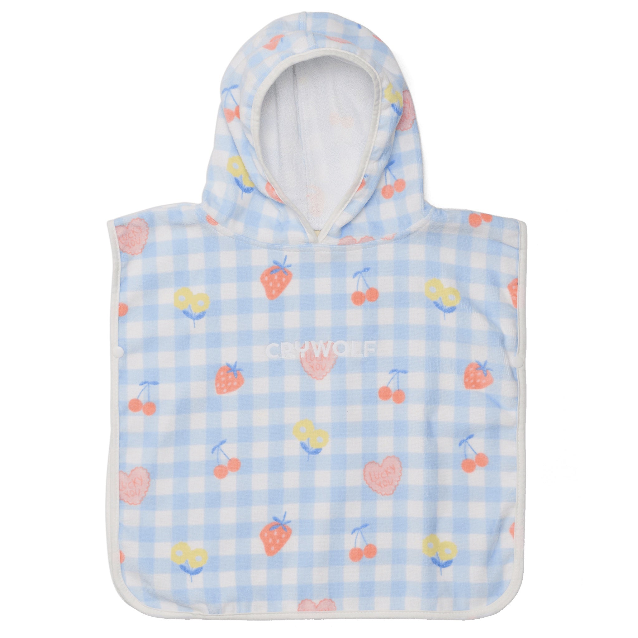 Hooded poncho with fruit pattern on a light blue background