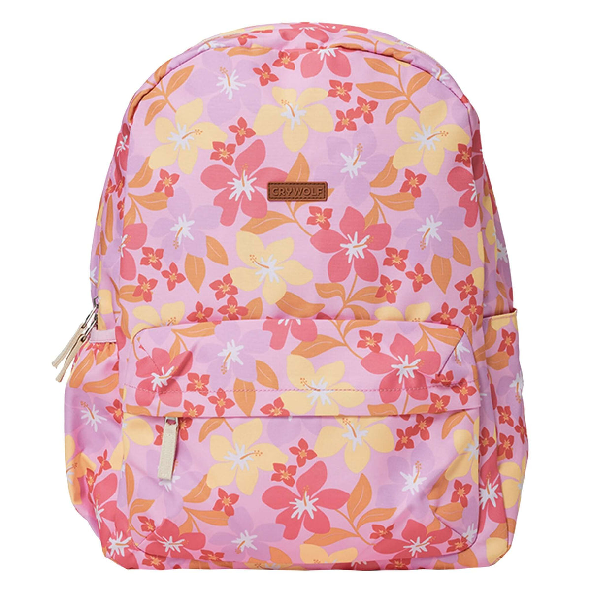 Crywolf Daypack - Hibiscus Daze featuring a floral design in pink and yellow, perfect for everyday adventures.