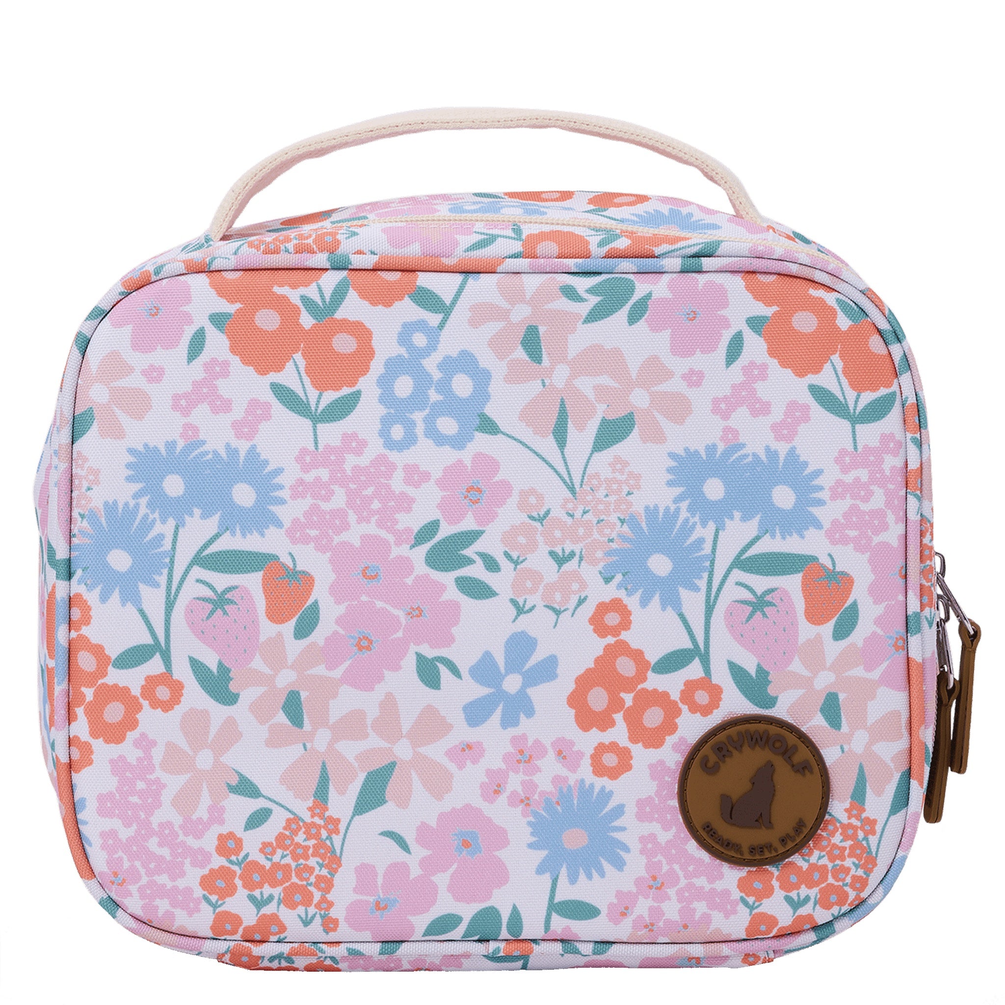 Floral-patterned lunch bag with a visible brand logo on a white background