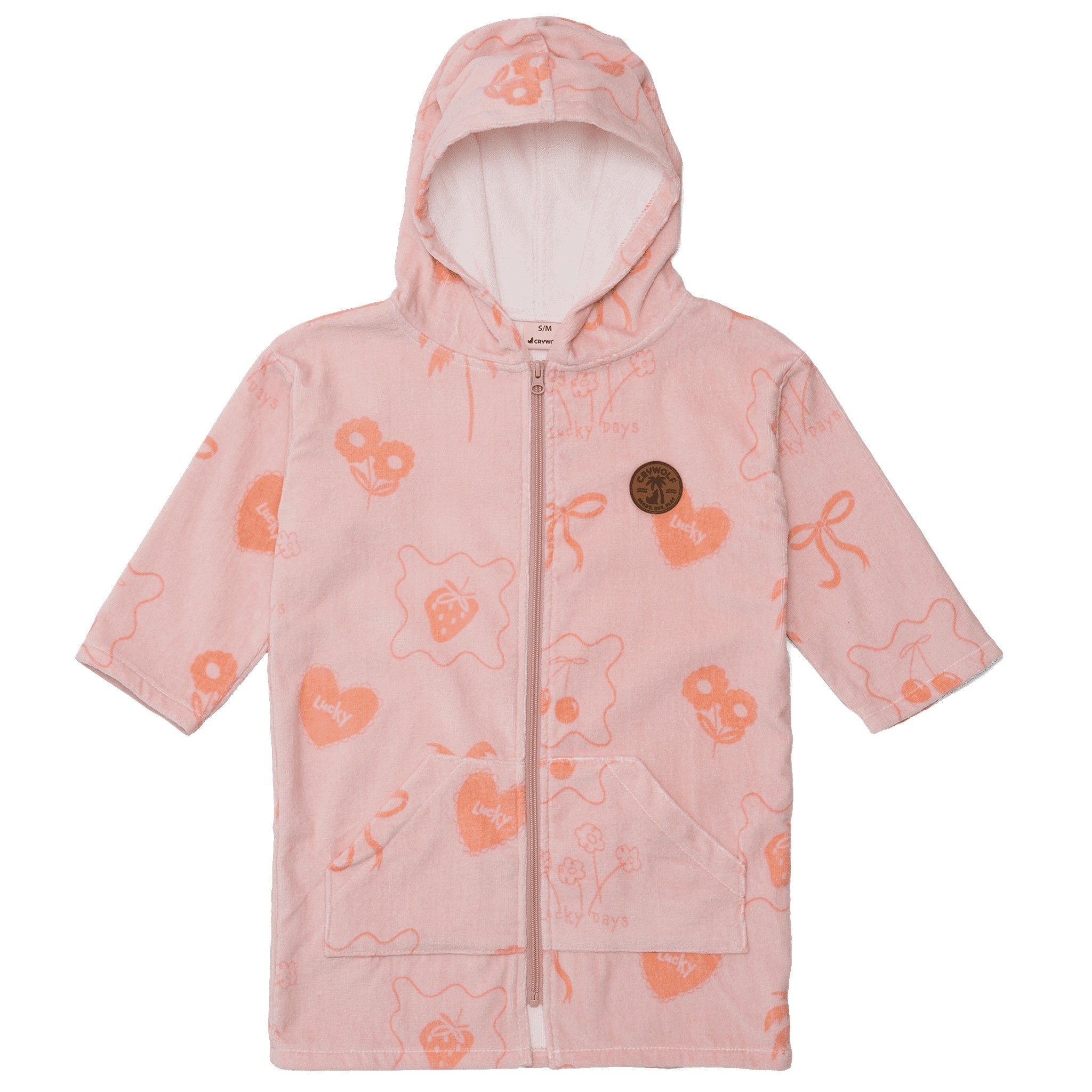 Pink children's zip up towel with orange floral patterns on a white background