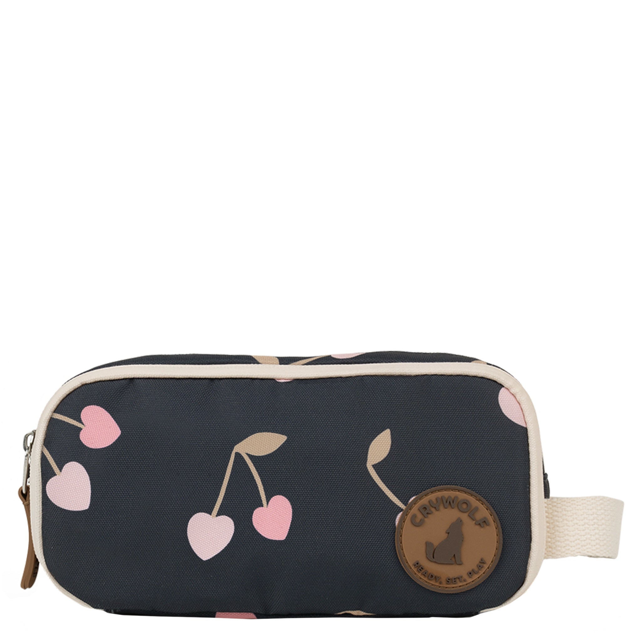 Pencil case with cherry pattern and brand logo on a white background