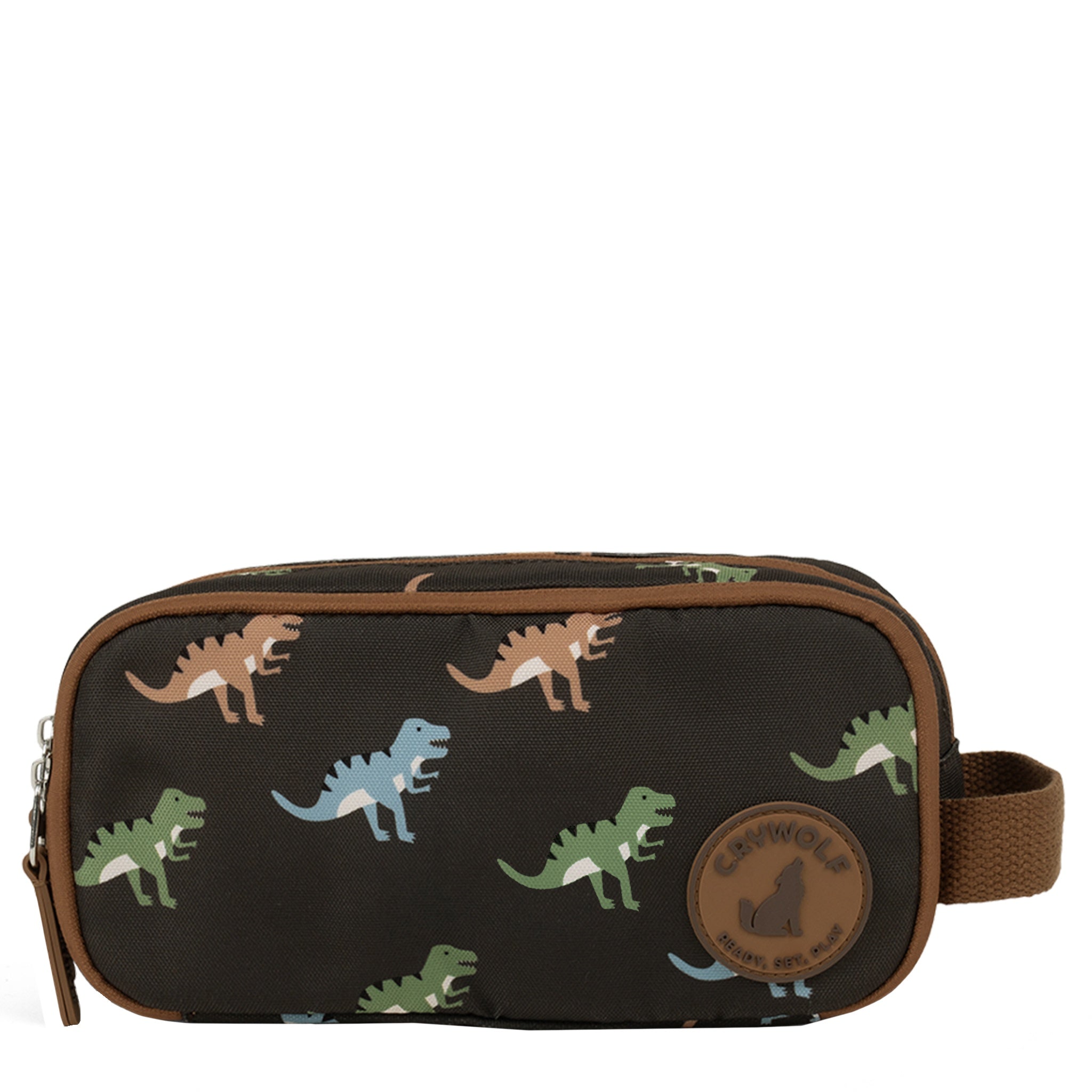 Black pencil case bag with dinosaur pattern on a white background