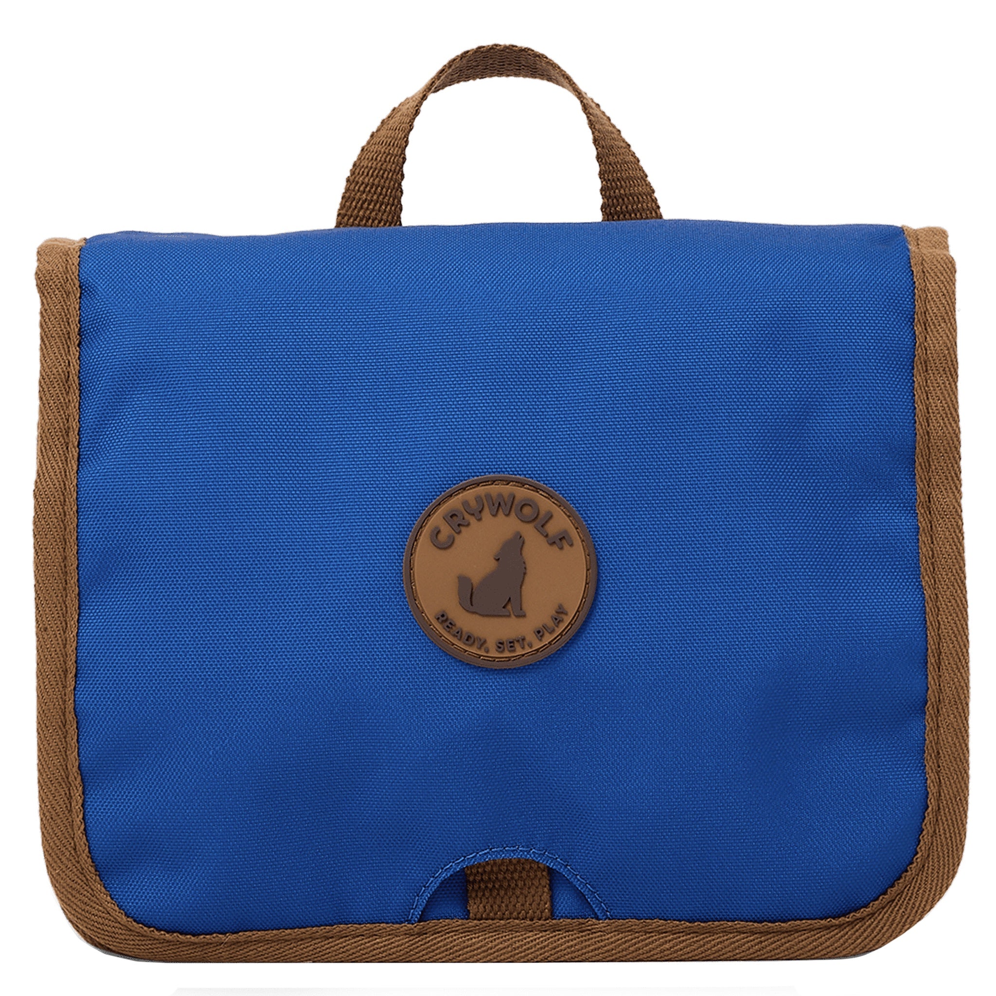 Blue child's toiletry bag with brown handle and trim, featuring a logo on a white background