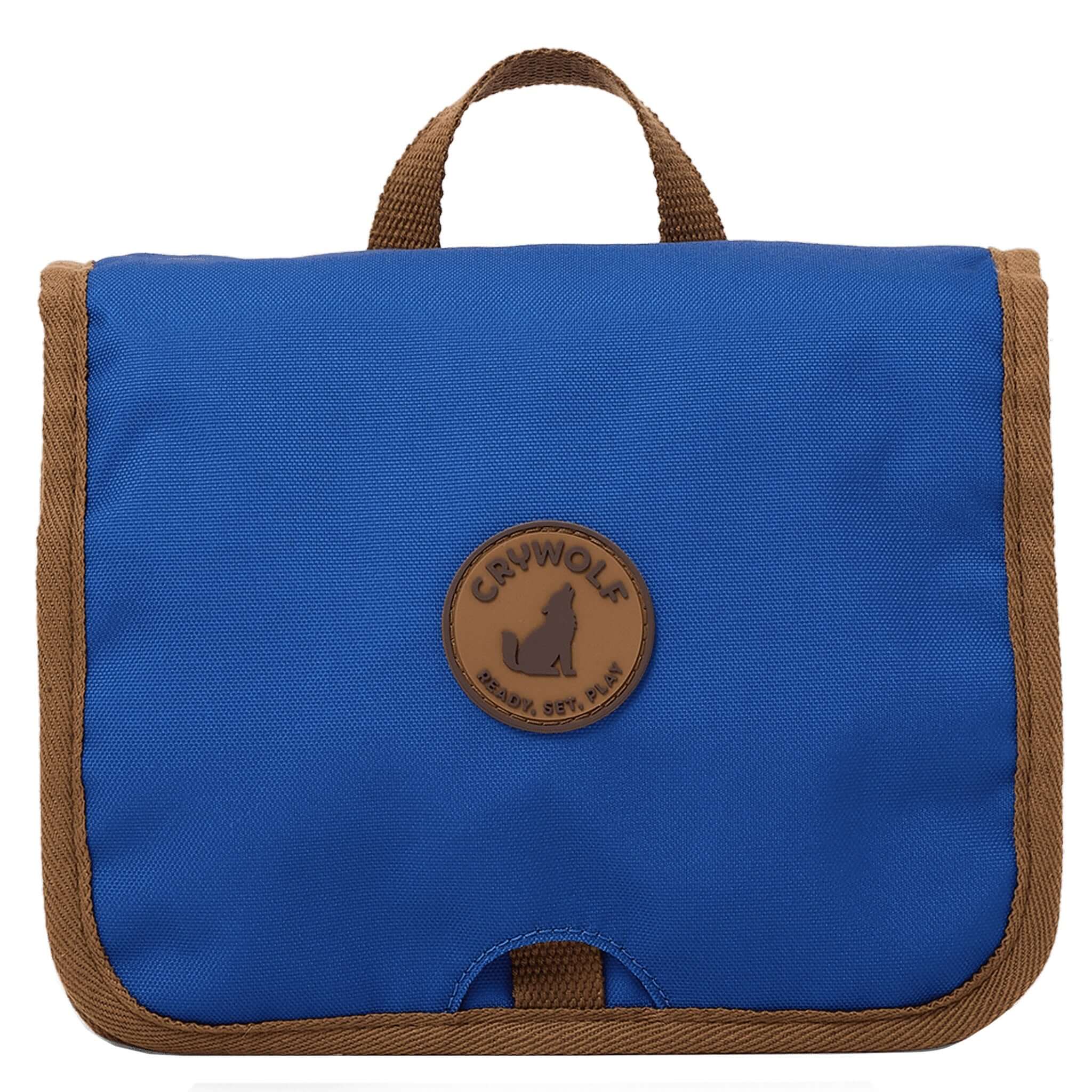 Blue child's toiletry bag with brown handle and trim, featuring a logo on a white background