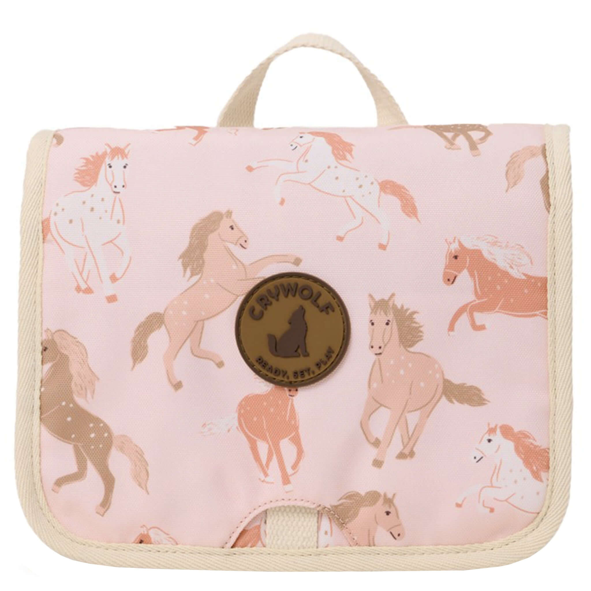 Alt Tag: Crywolf Hanging Toiletry Bag - Blush Ponies kids travel toiletry bag with pony print hanging wash bag front view