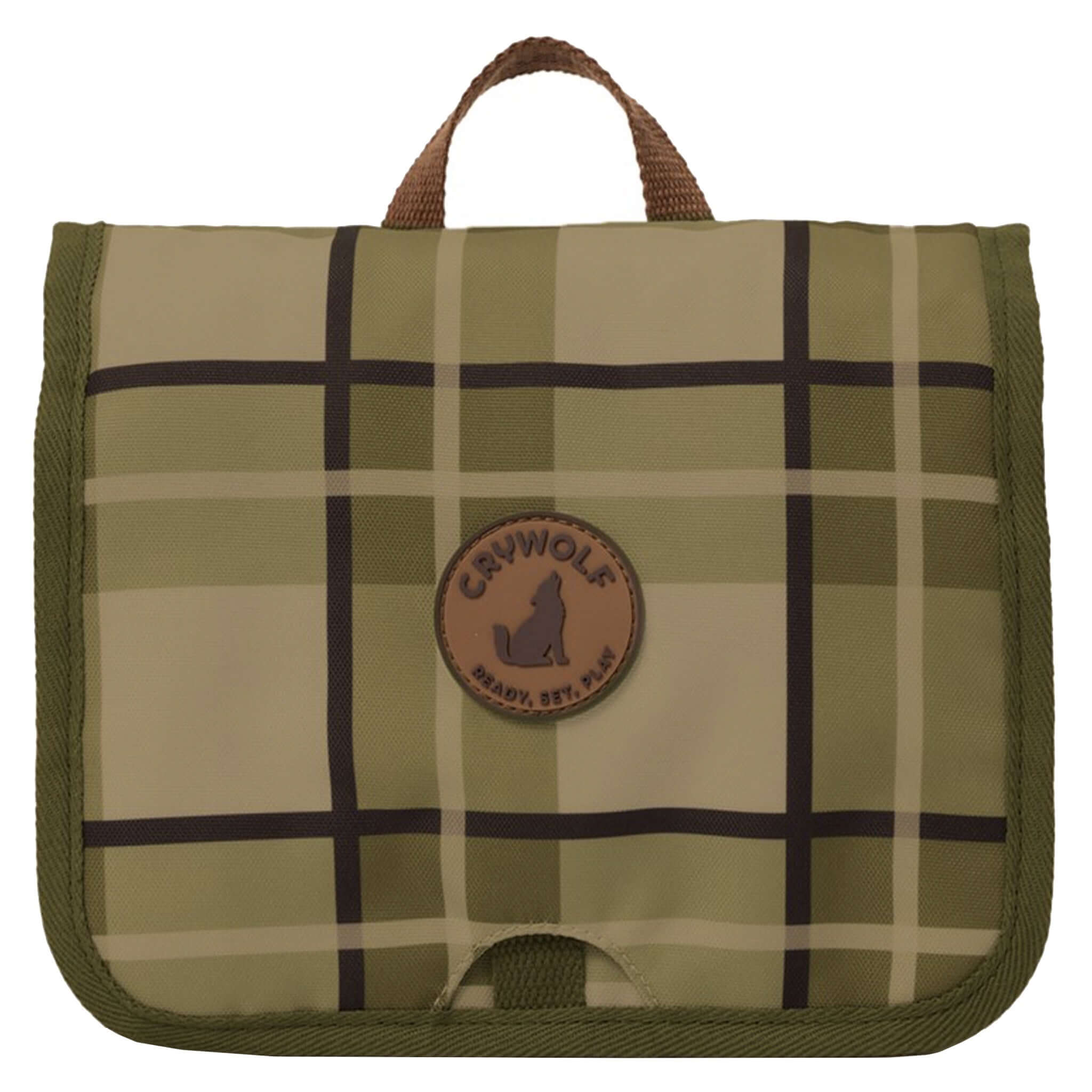 Alt Tag: Crywolf Hanging Toiletry Bag - Field Plaid kids travel toiletry bag with hanging handle, green plaid print and zip compartments