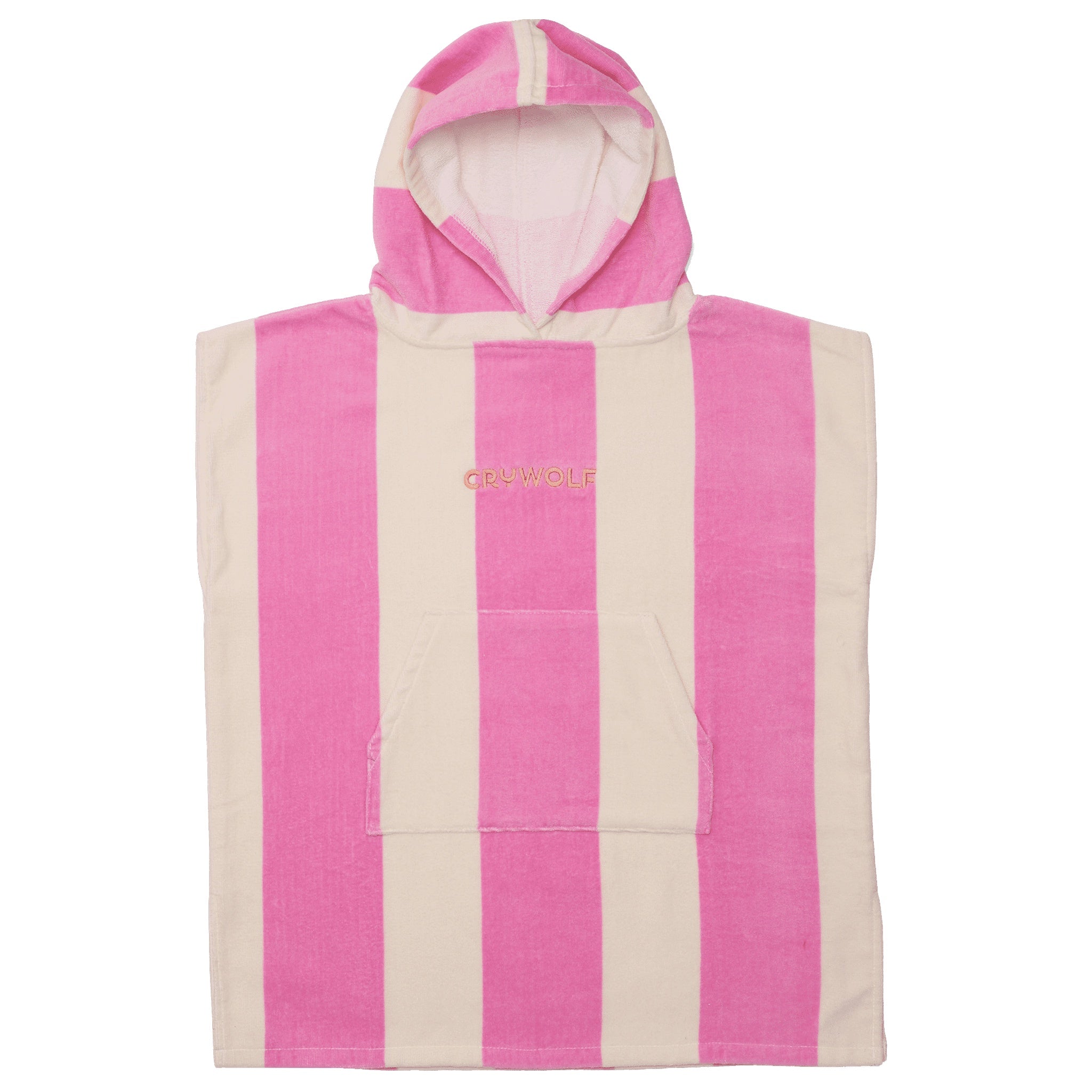 Pink and white striped hooded towel on a white background