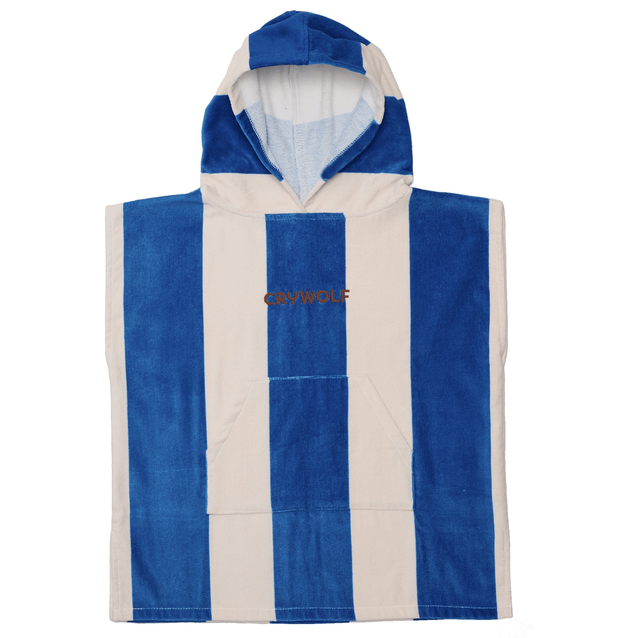Blue and white striped hooded towel with 'Crywolf' branding on a white background