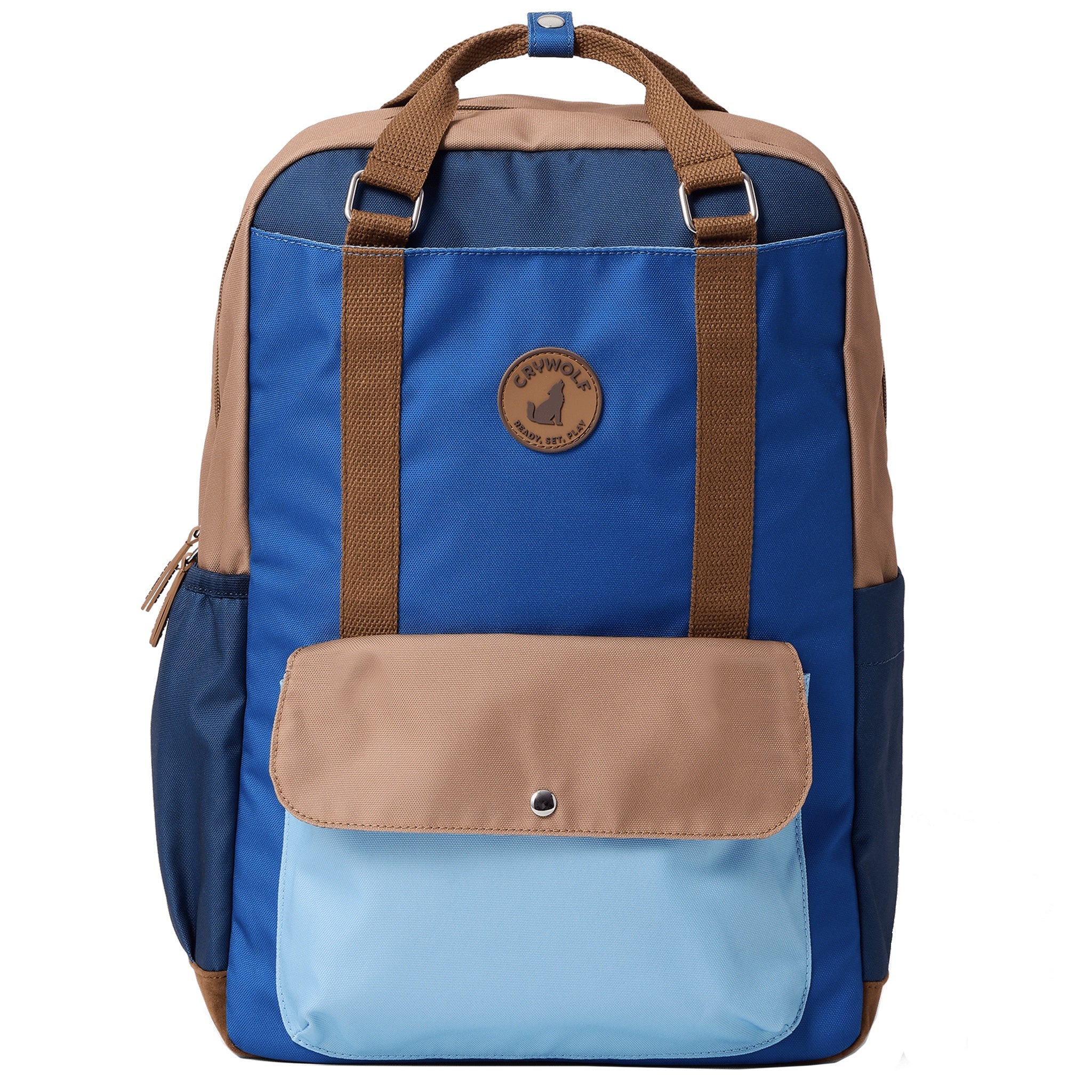 Blue and brown backpack with a visible brand logo on a white background