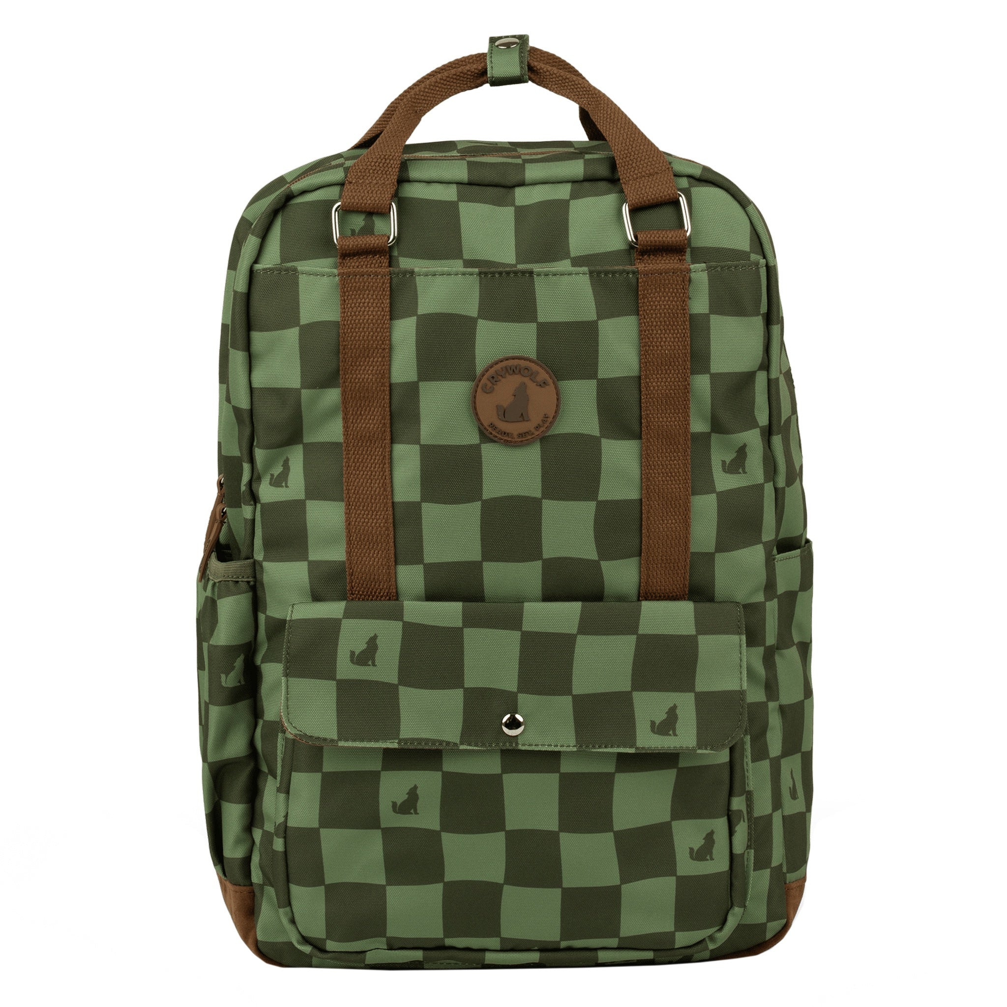Green checkered backpack with brown straps on a white background